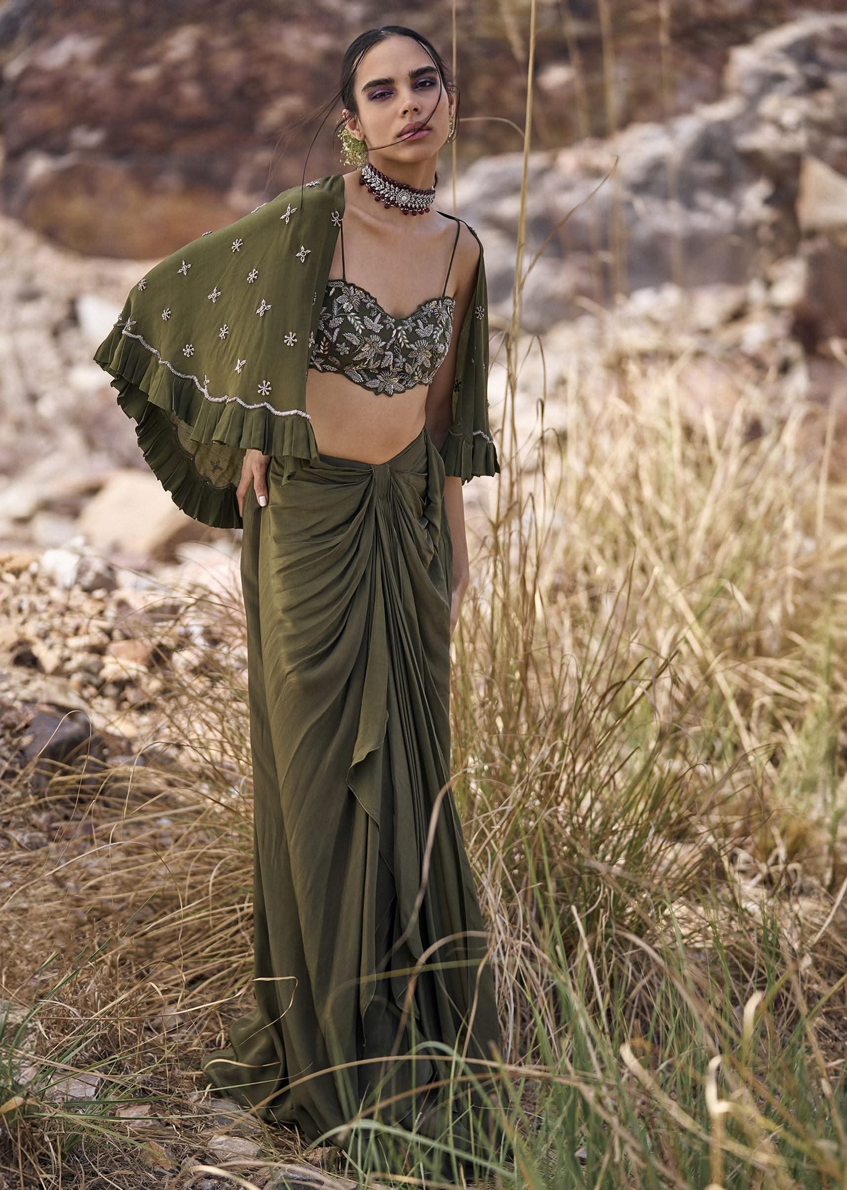 Olive Green Pre-Stitched Draped Skirt With Blouse And Cape - Image 3