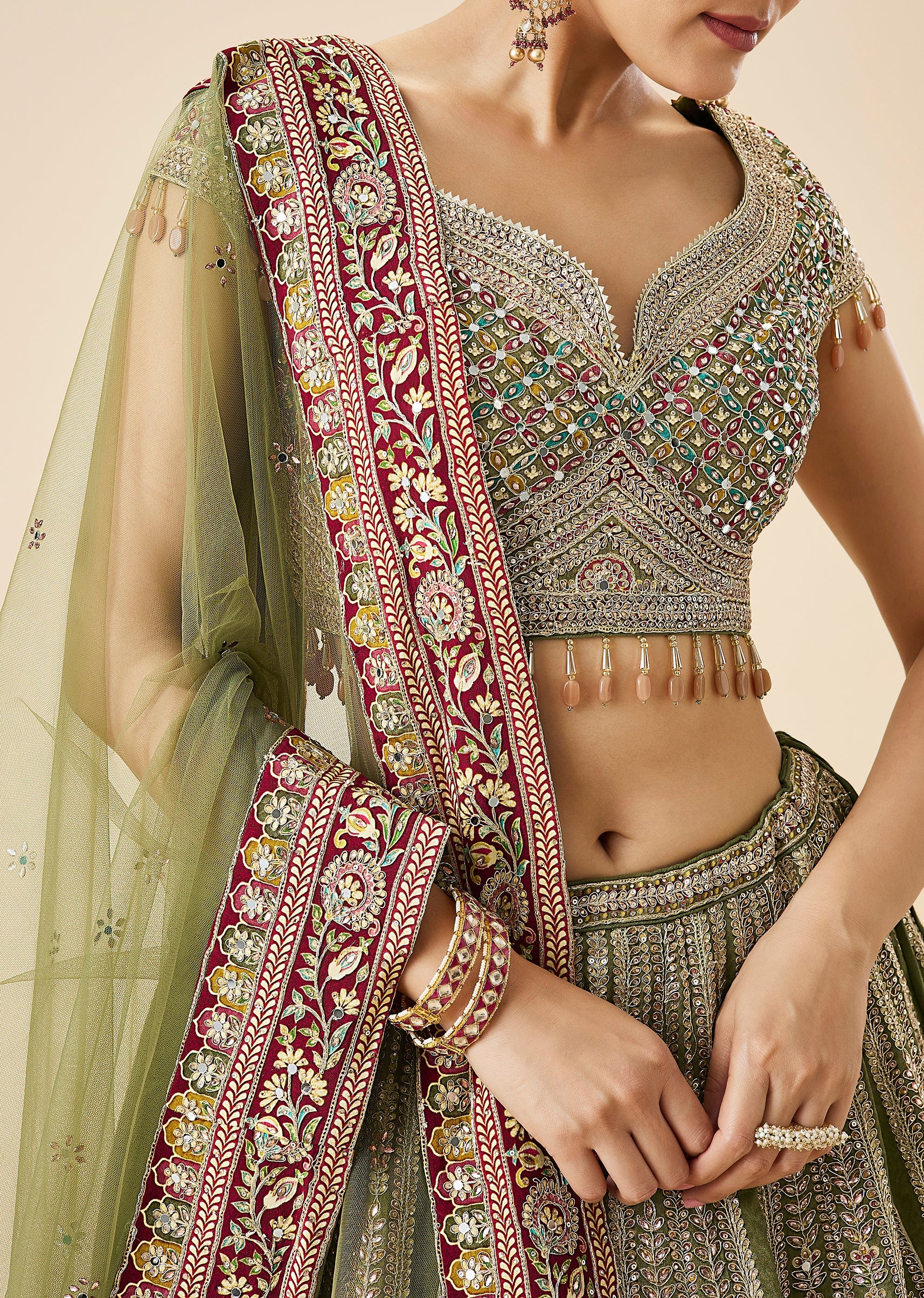 Olive Green Printed And Embroidered Bridal Lehenga Set - Image 3