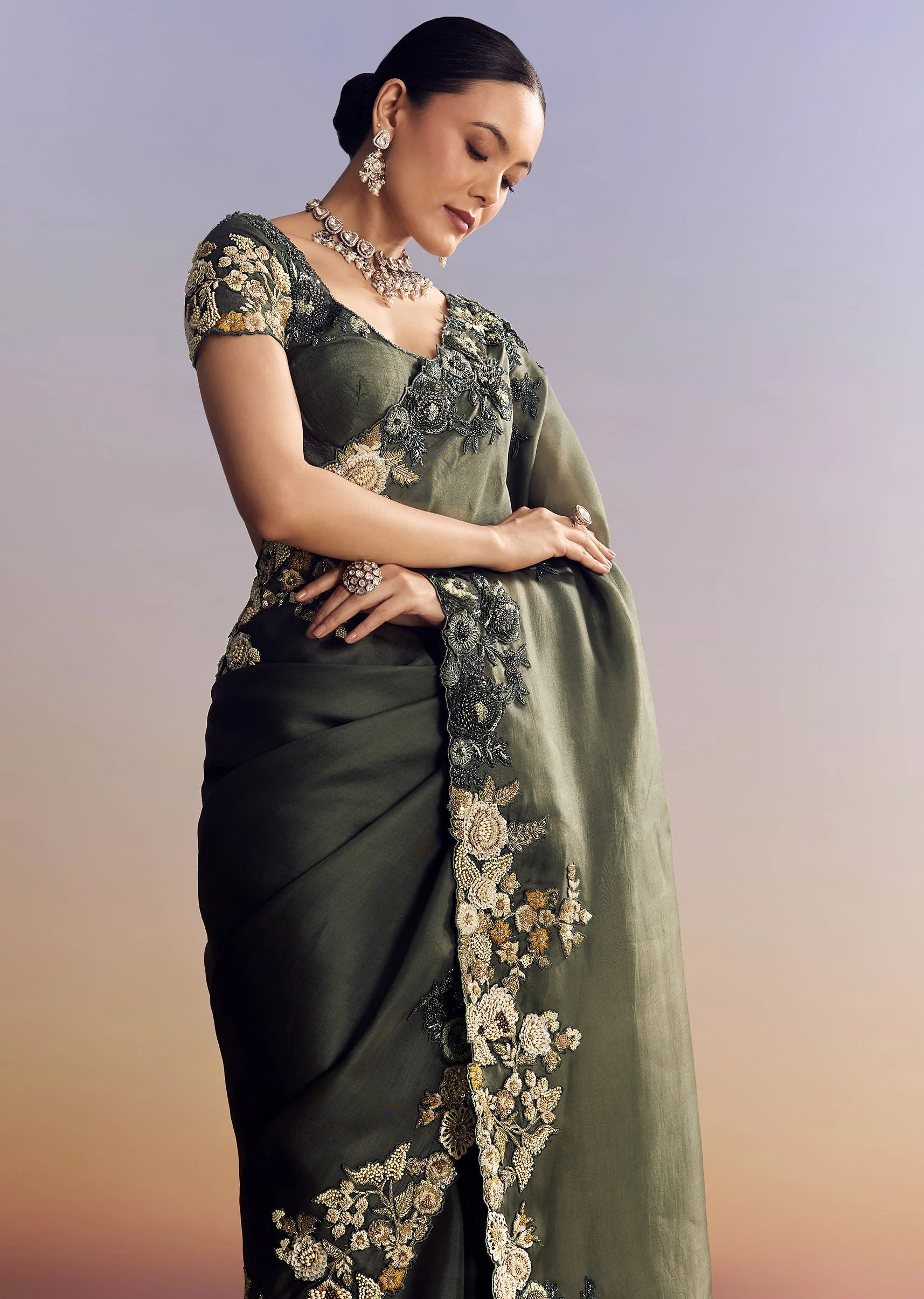 Olive Green Tissue Saree With Cutwork Border And Heavy Embroidery - Image 5