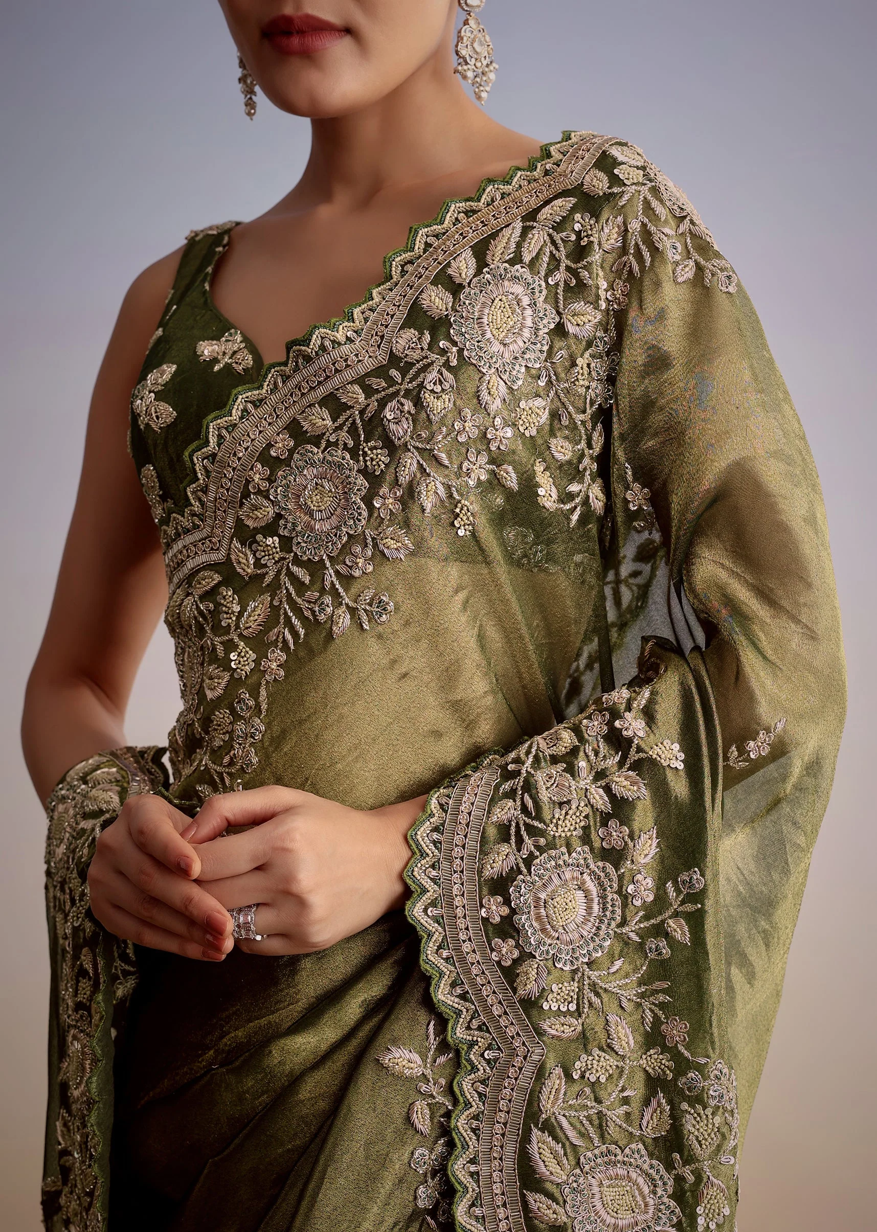 Olive Green Tissue Saree With Scallop Embroidered Border - Image 10