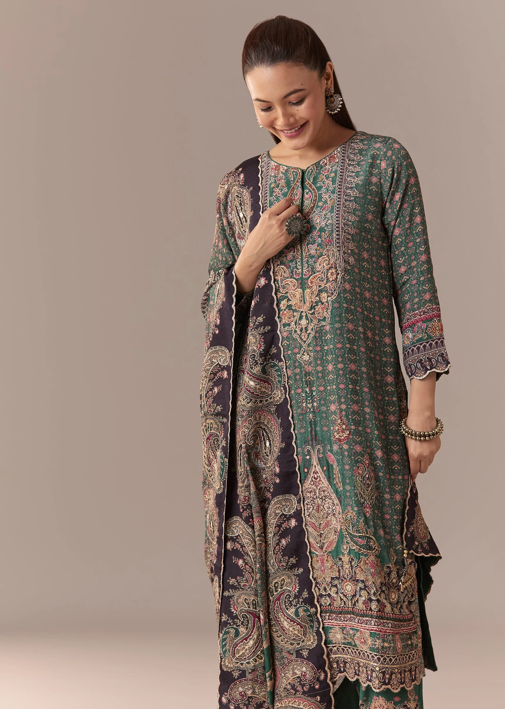 Olive Indie Coordinated Set – Printed Kurta Set With Dupatta For Her And Olive Silk Kurta Set With Dupatta For Him - Image 3