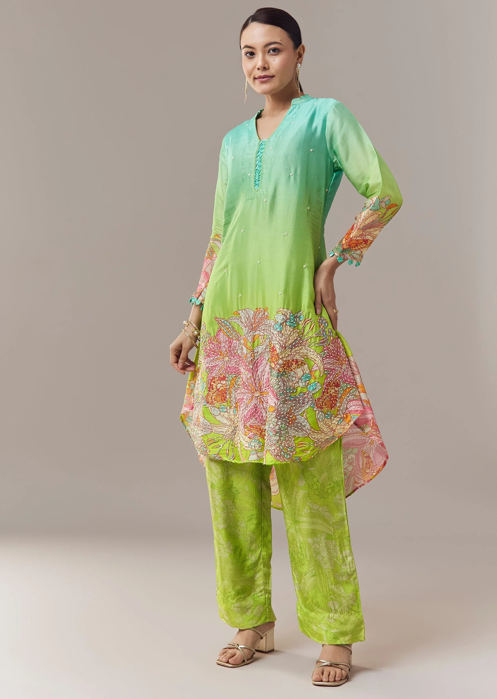 Ombre Green Silk Coord Set With Floral Embellishment - Image 3