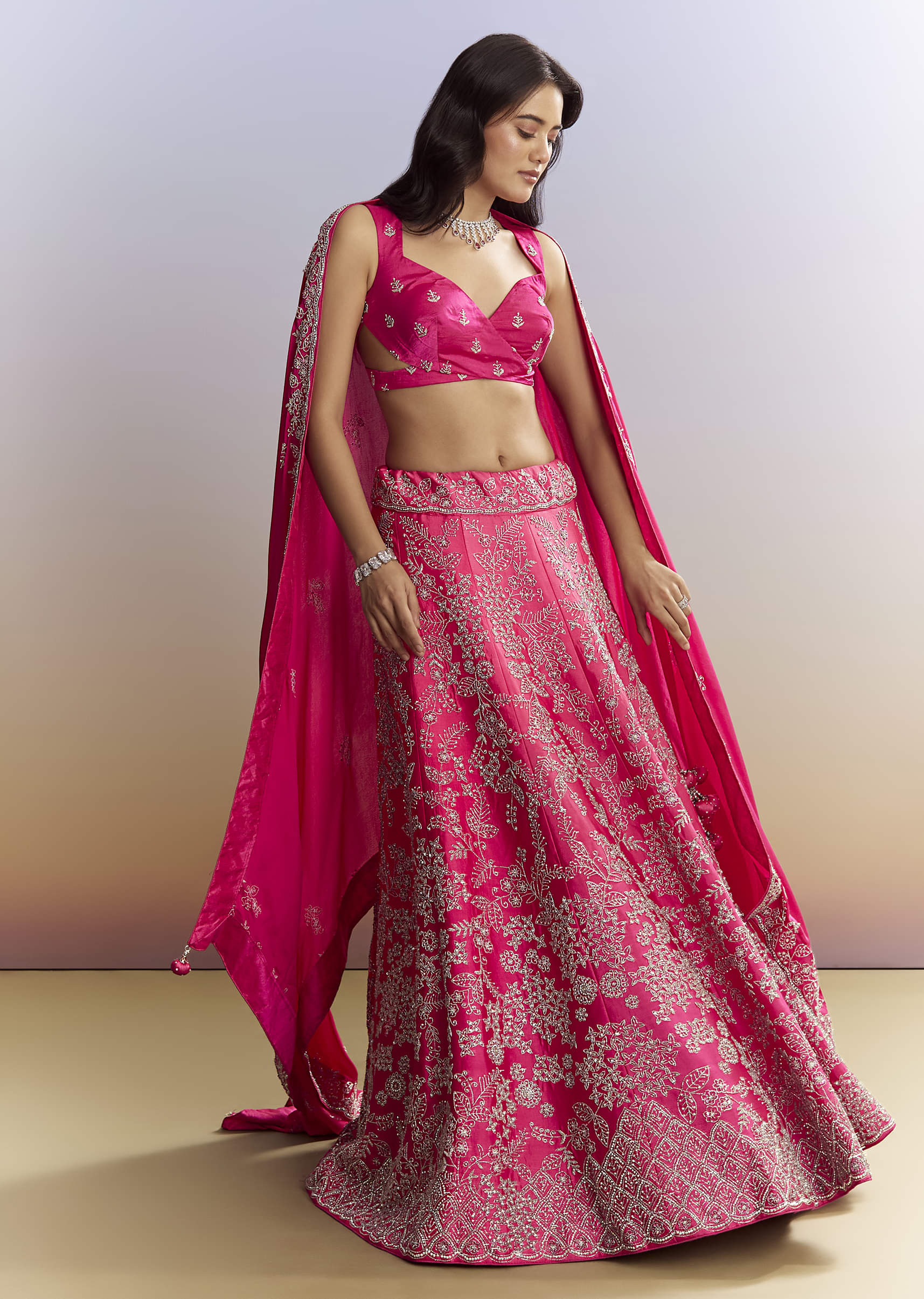 Ombre Pink Satin Bridesmaid Lehenga With Heavy Embroidery - Image 5