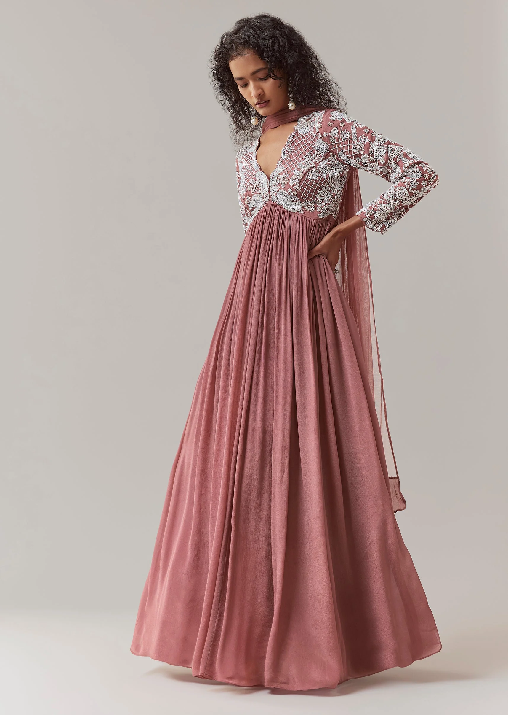 Onion Pink Embroidered Anarkali with Dupatta