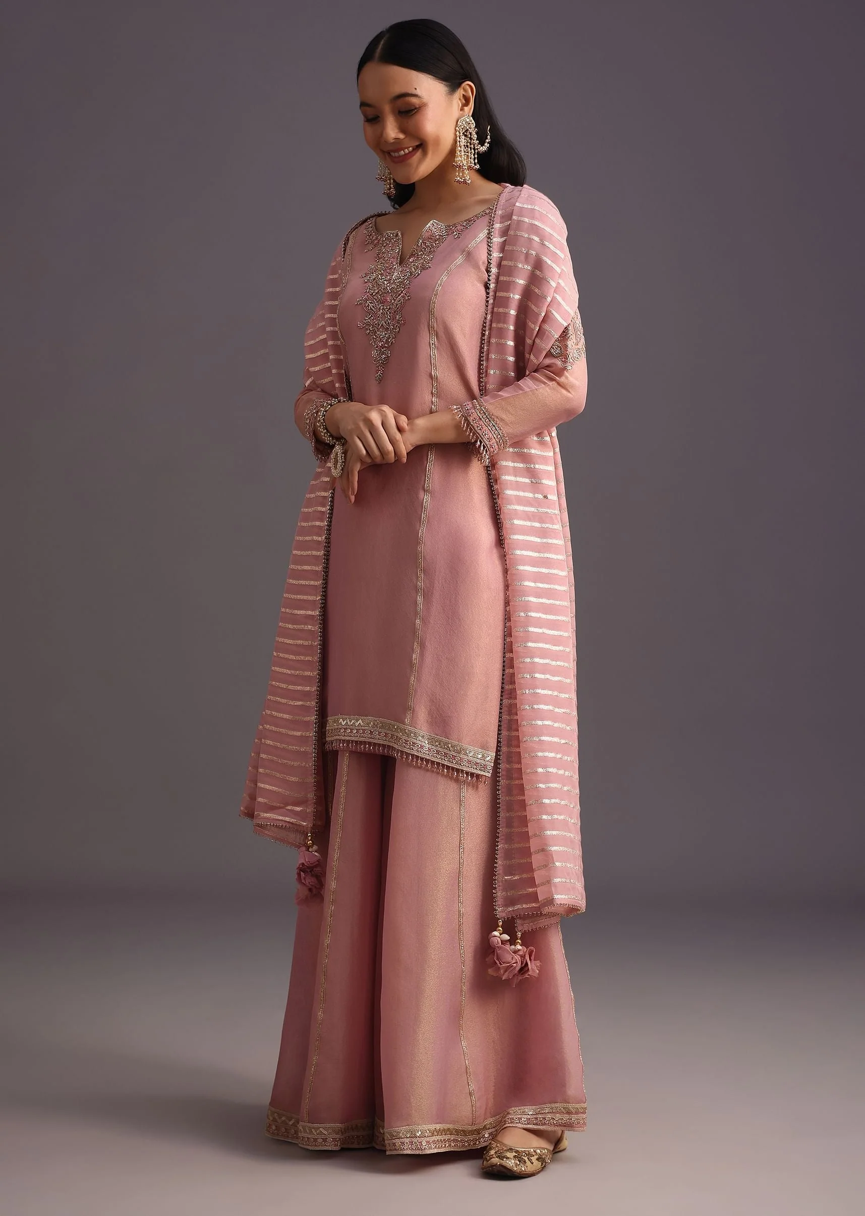 Onion Pink Embroidered Kurti Palazzo Set With Dupatta - Image 3