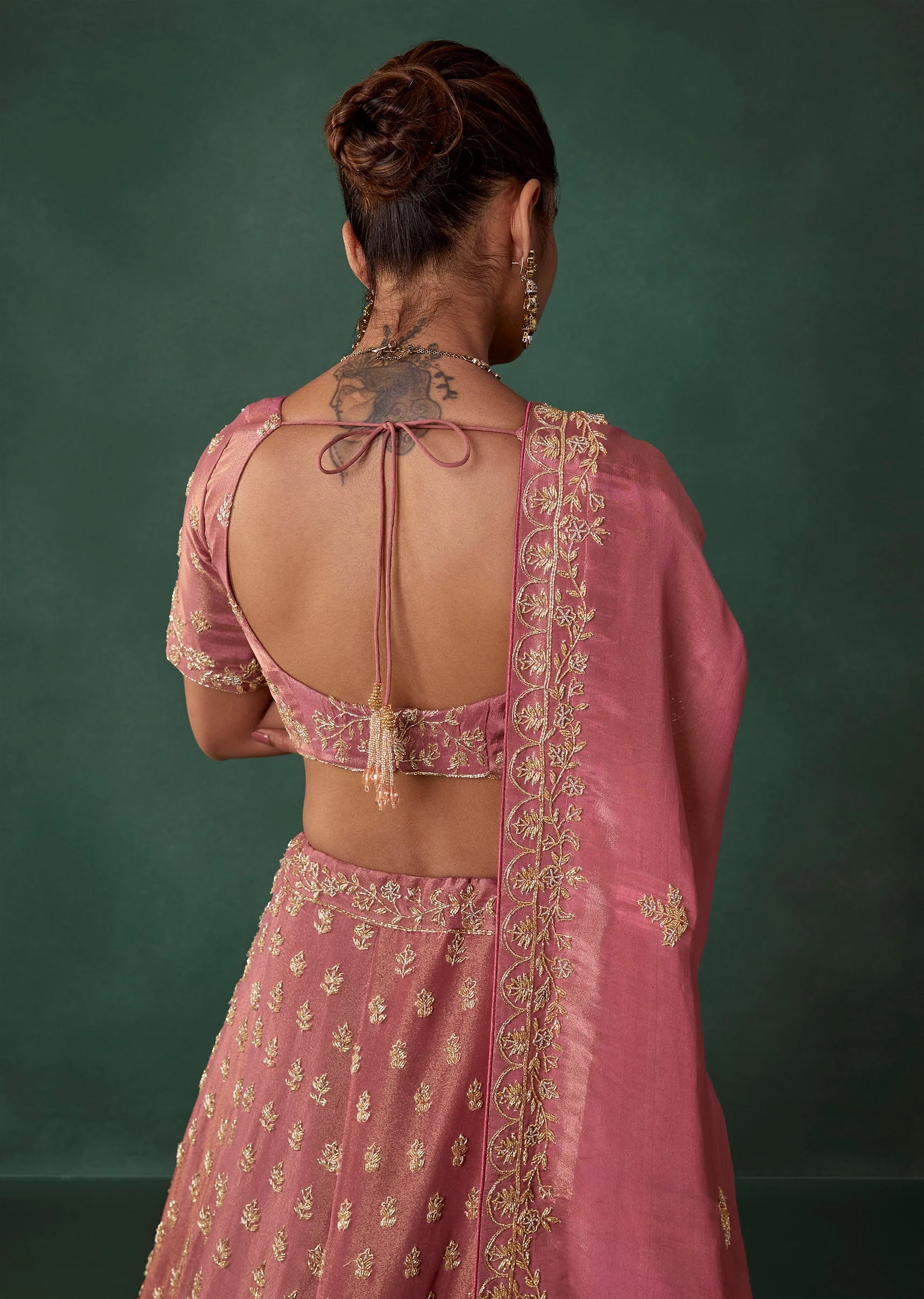 Onion Pink Tissue Embroidered Bridal Lehenga Set with Cutdana Work - Image 6
