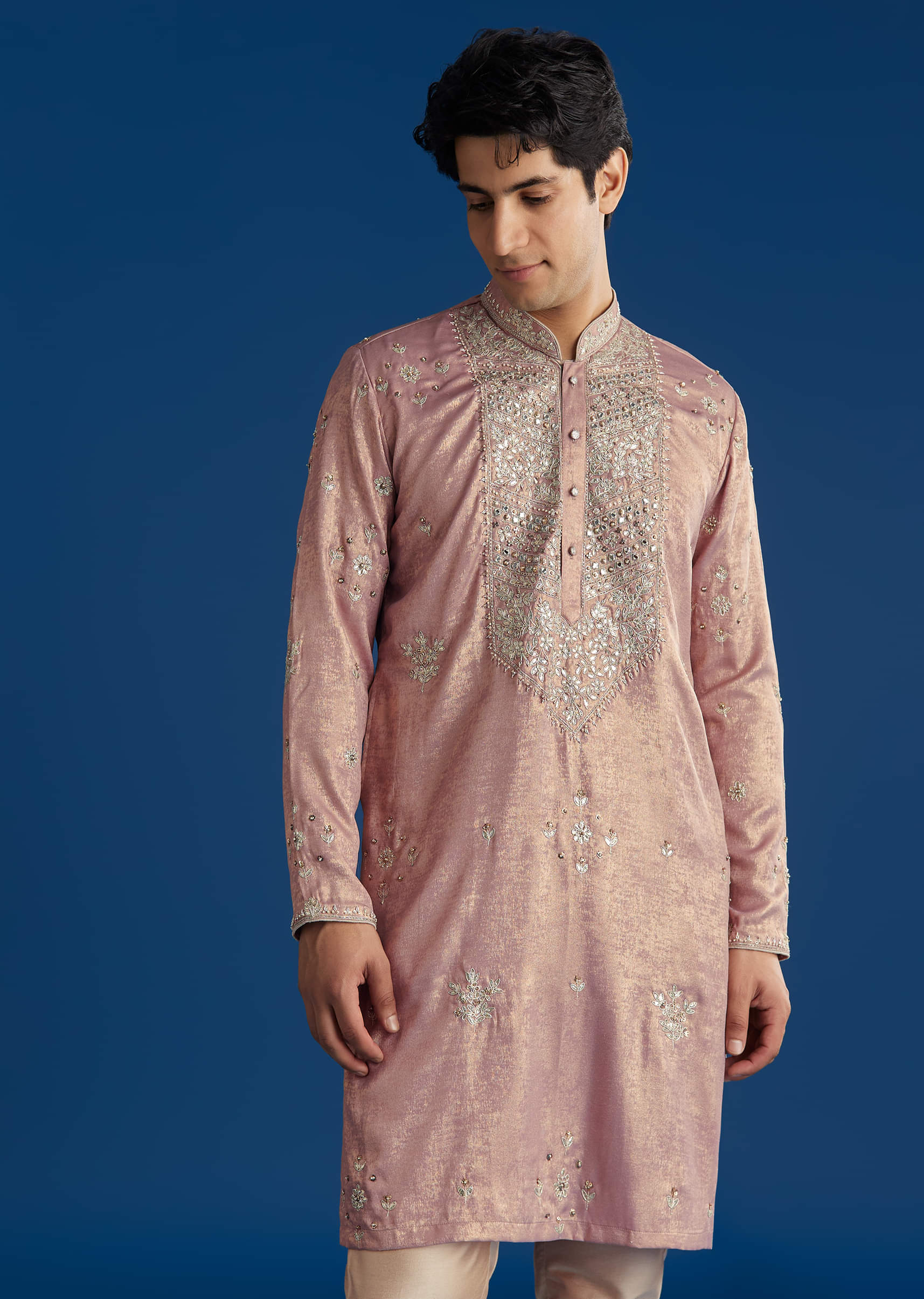 Onion Pink Tissue Kurta Set With All Over Embroidery