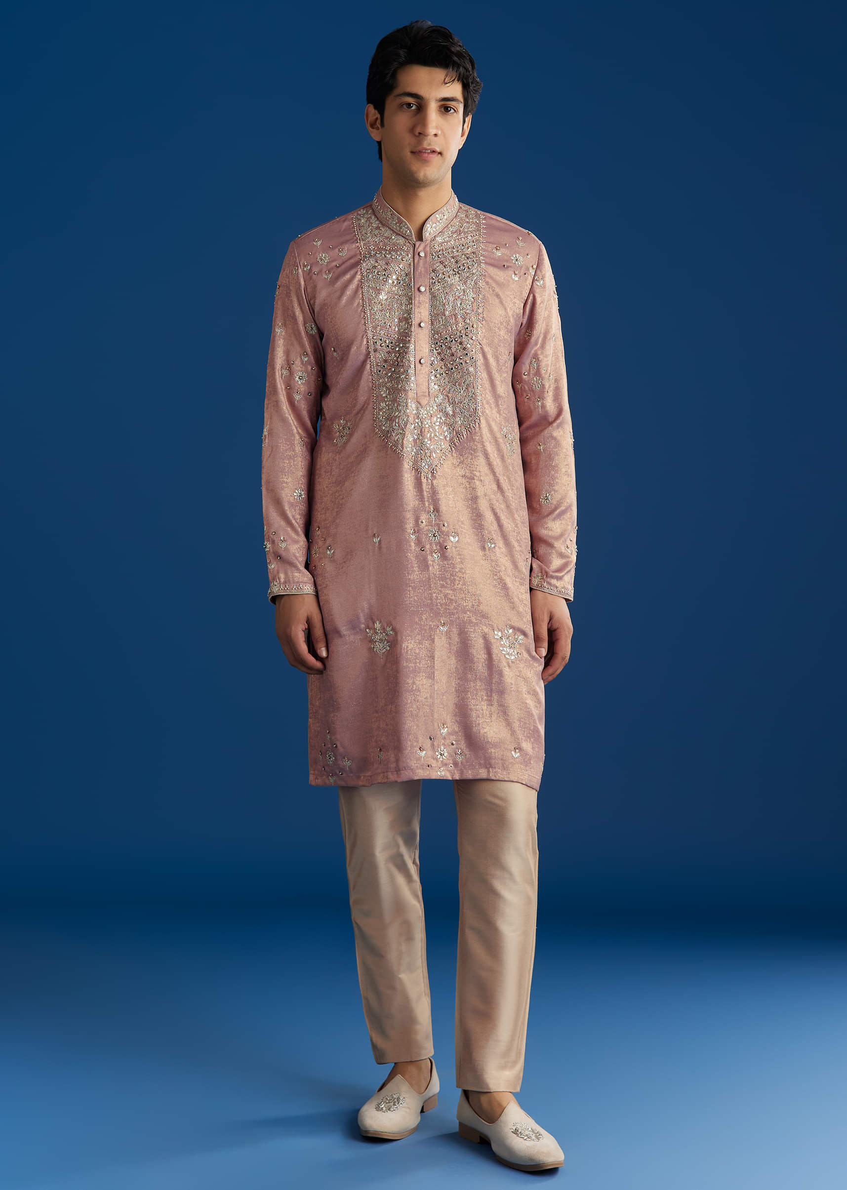 Onion Pink Tissue Kurta Set With All Over Embroidery - Image 2