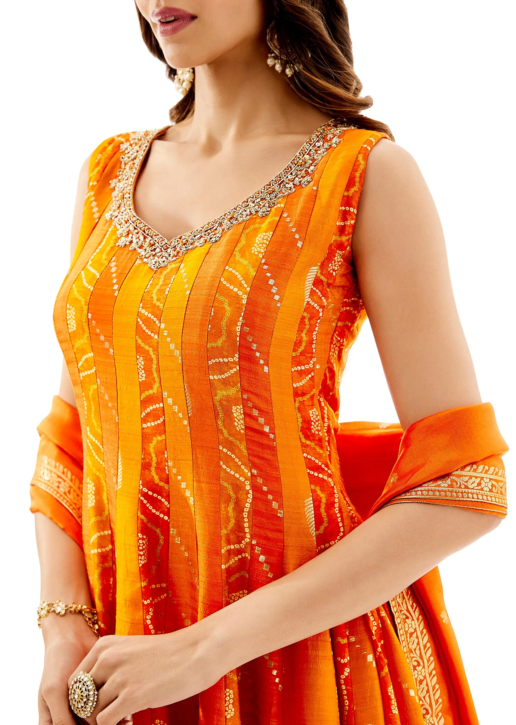 Orange Banarasi Silk Anarkali Dupatta Set With Zardosi Neck Work - Image 2