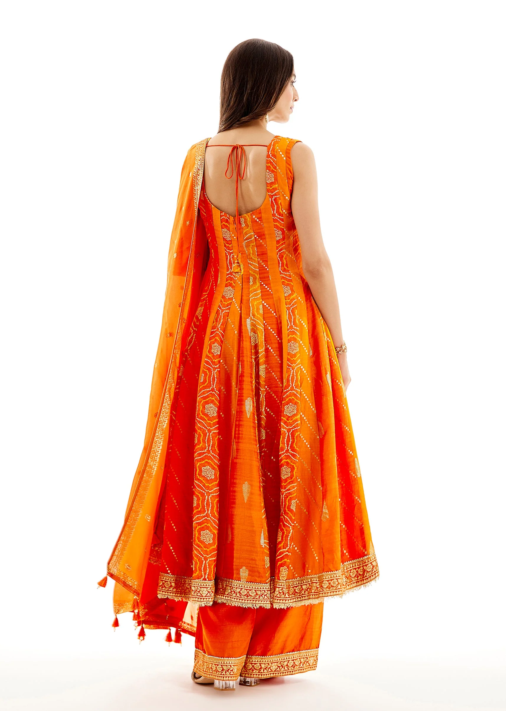 Orange Banarasi Silk Anarkali Dupatta Set With Zardosi Neck Work - Image 5