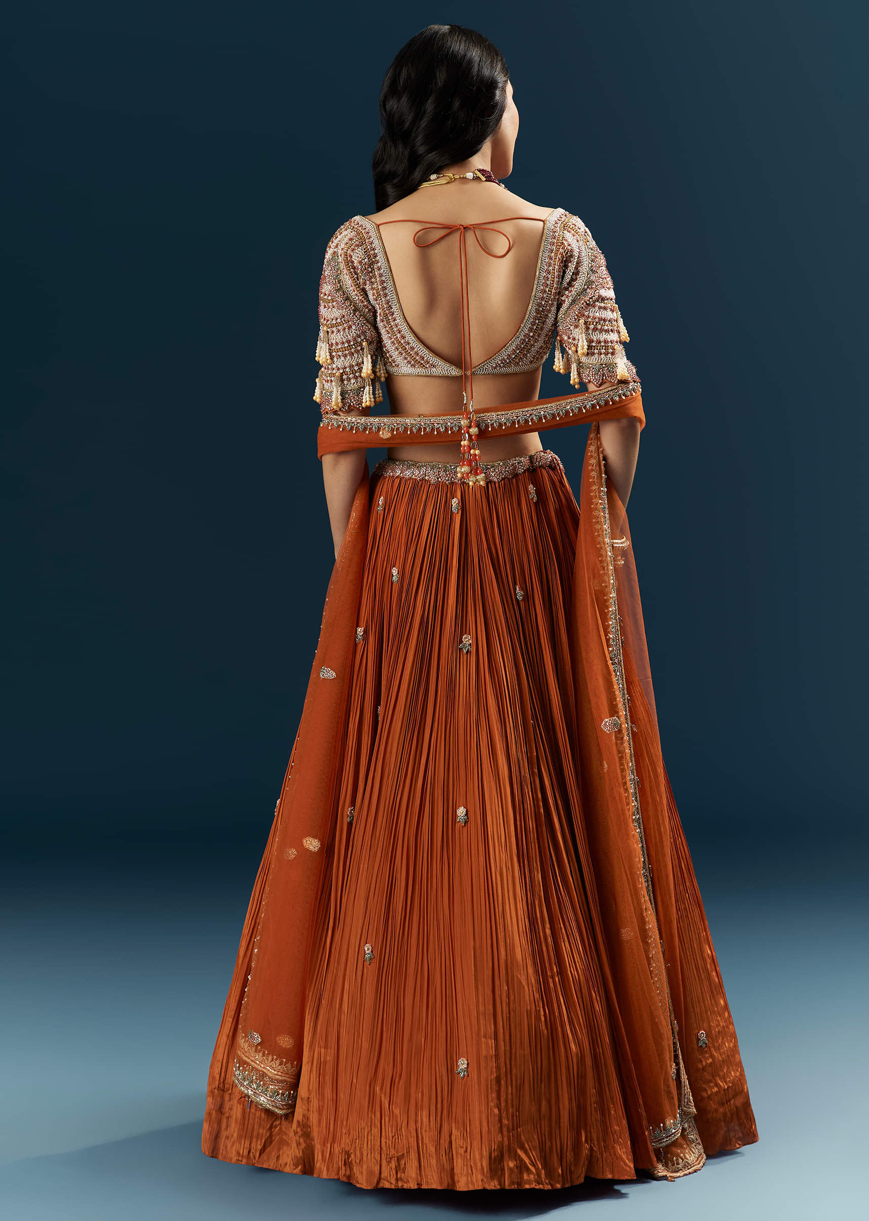 Orange Crepe Bridesmaid Lehenga With Moti And Cutdana Embroidery - Image 2