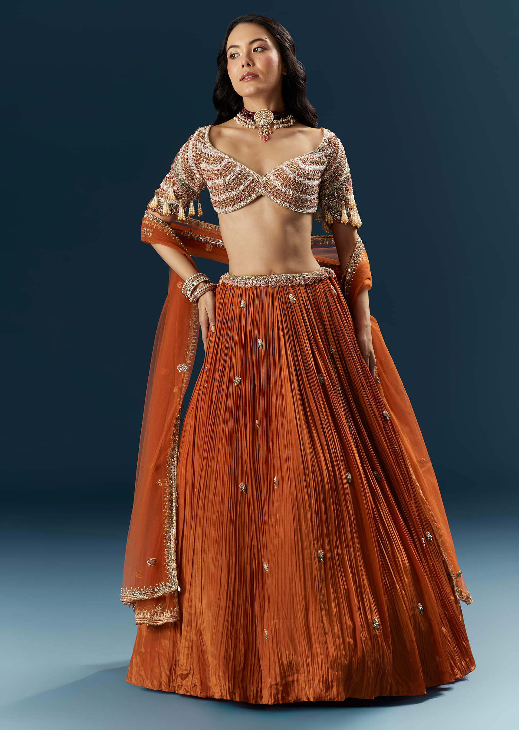 Orange Crepe Bridesmaid Lehenga With Moti And Cutdana Embroidery - Image 7