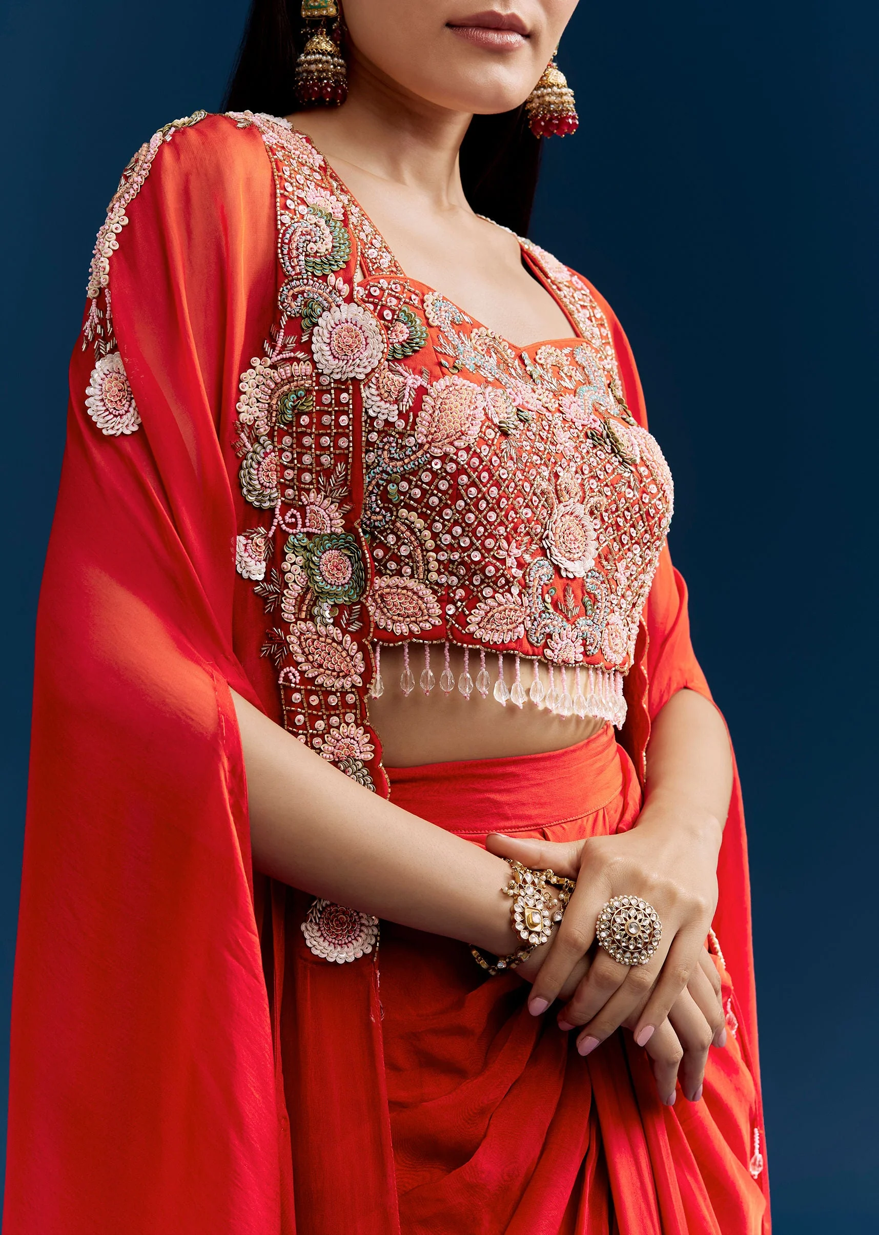 Orange Crop Top Skirt Set With Embroidered Cape - Image 2