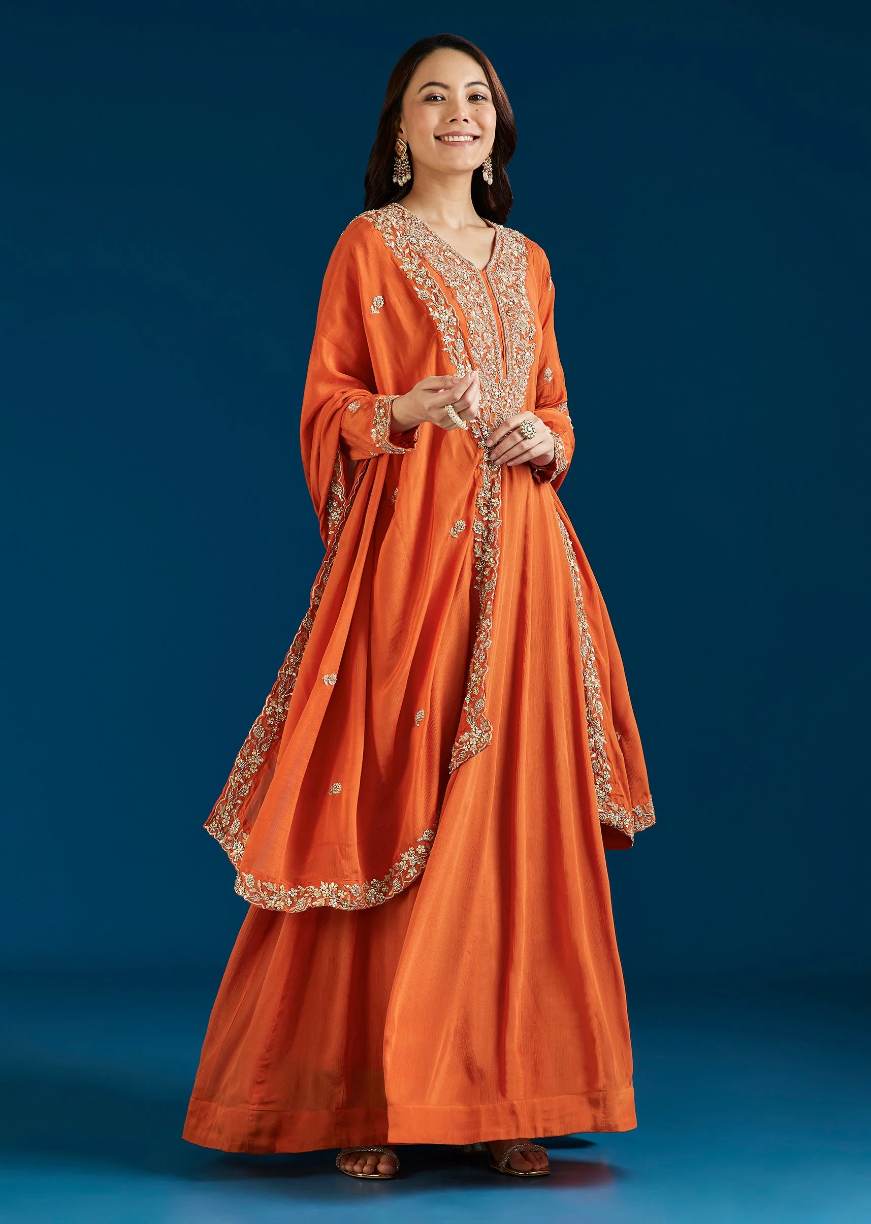 Orange Embroidered Chinon Anarkali Suit With Dupatta - Image 3