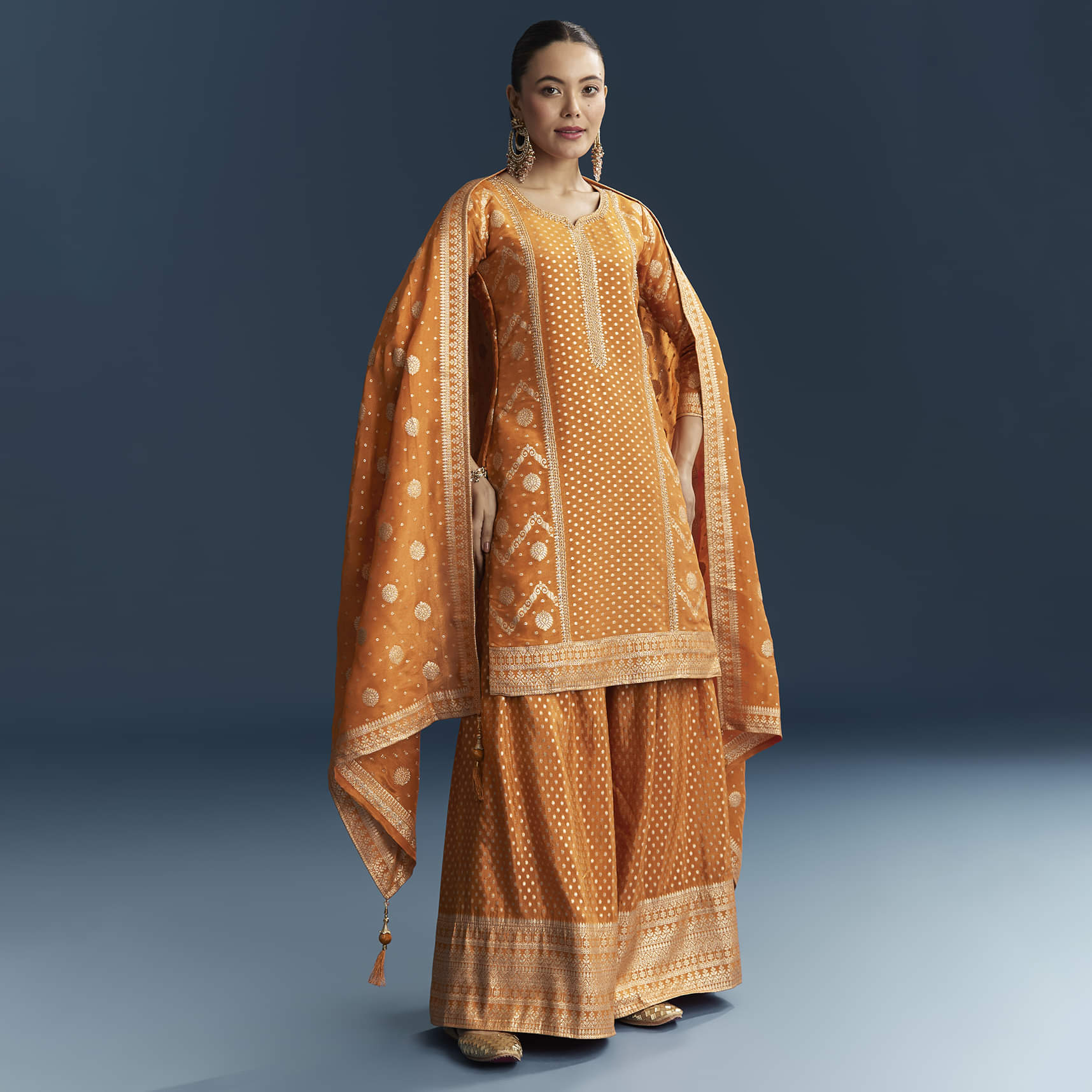 Orange Jacquard Palazzo Suit With Banarasi Jacquard Weave - Image 3