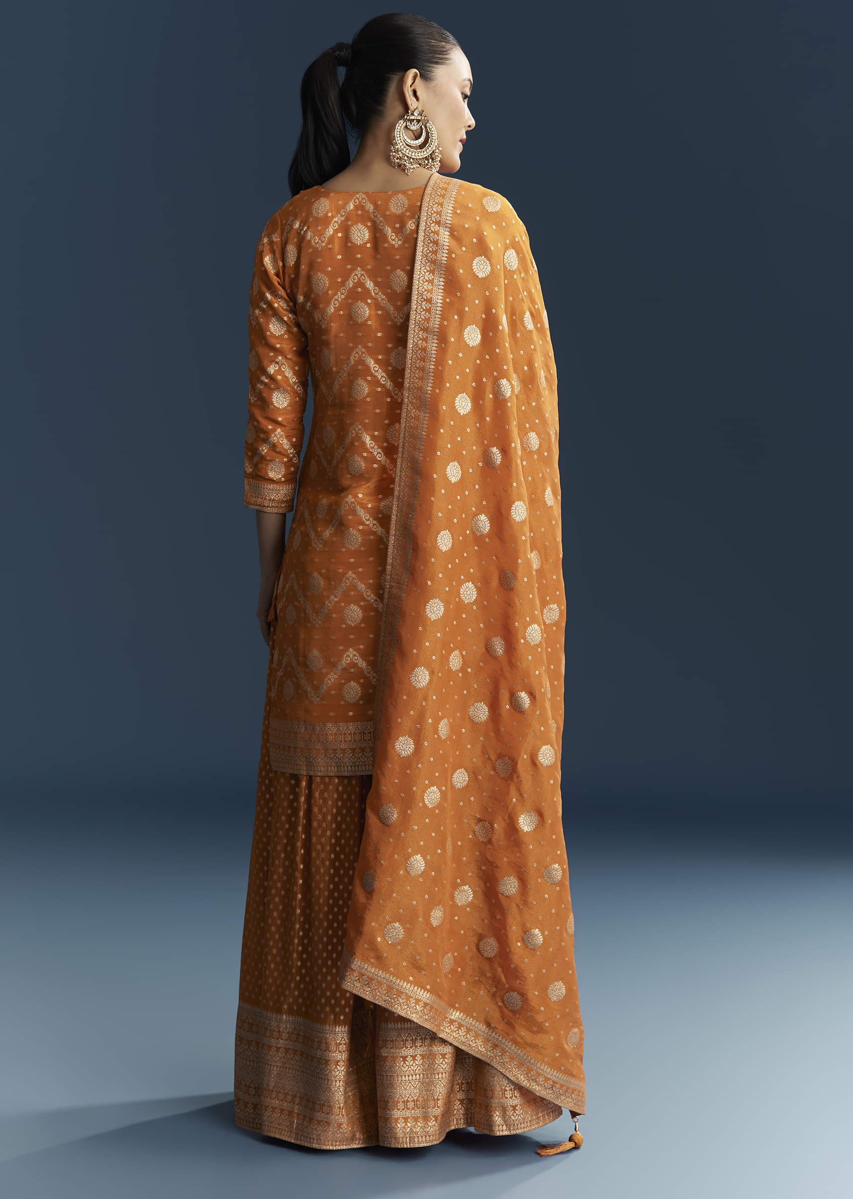 Orange Jacquard Palazzo Suit With Banarasi Jacquard Weave - Image 5