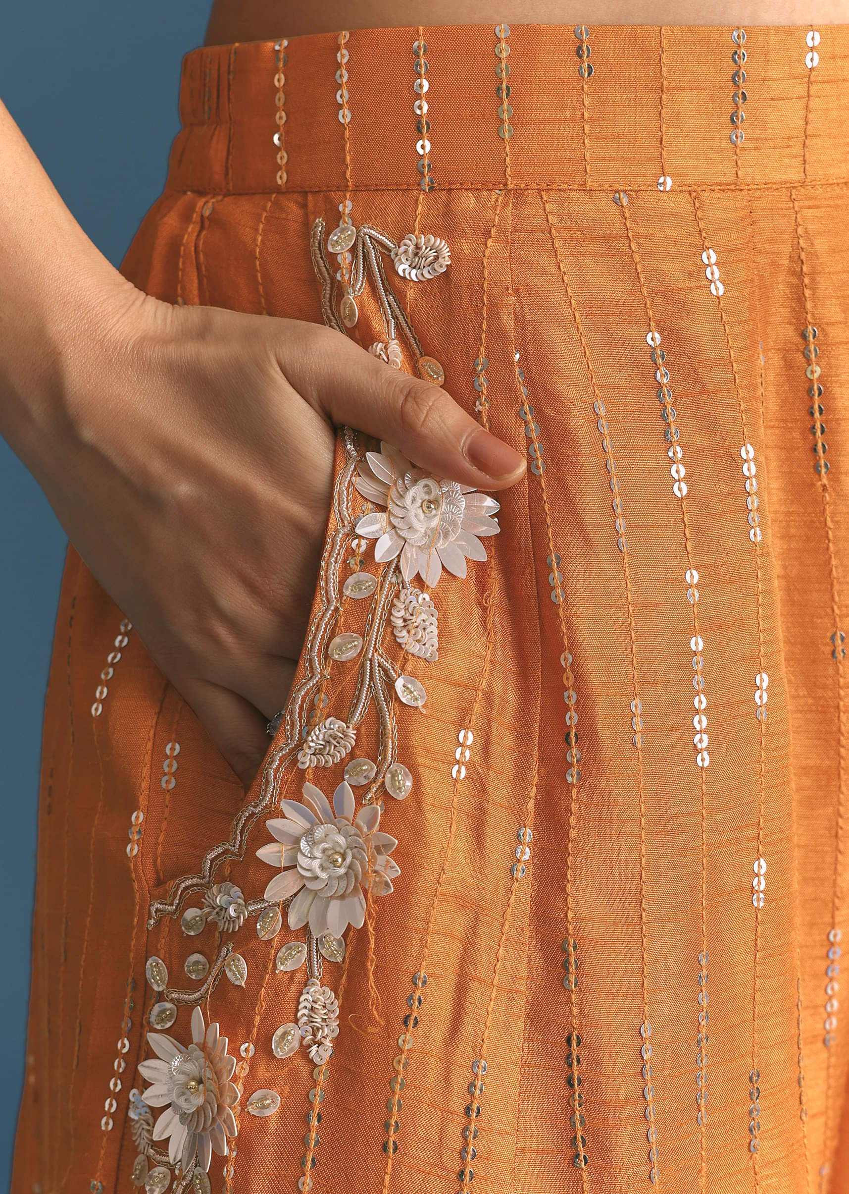 Orange Ombre Silk Palazzo Suit With Cutdana Croptop - Image 6