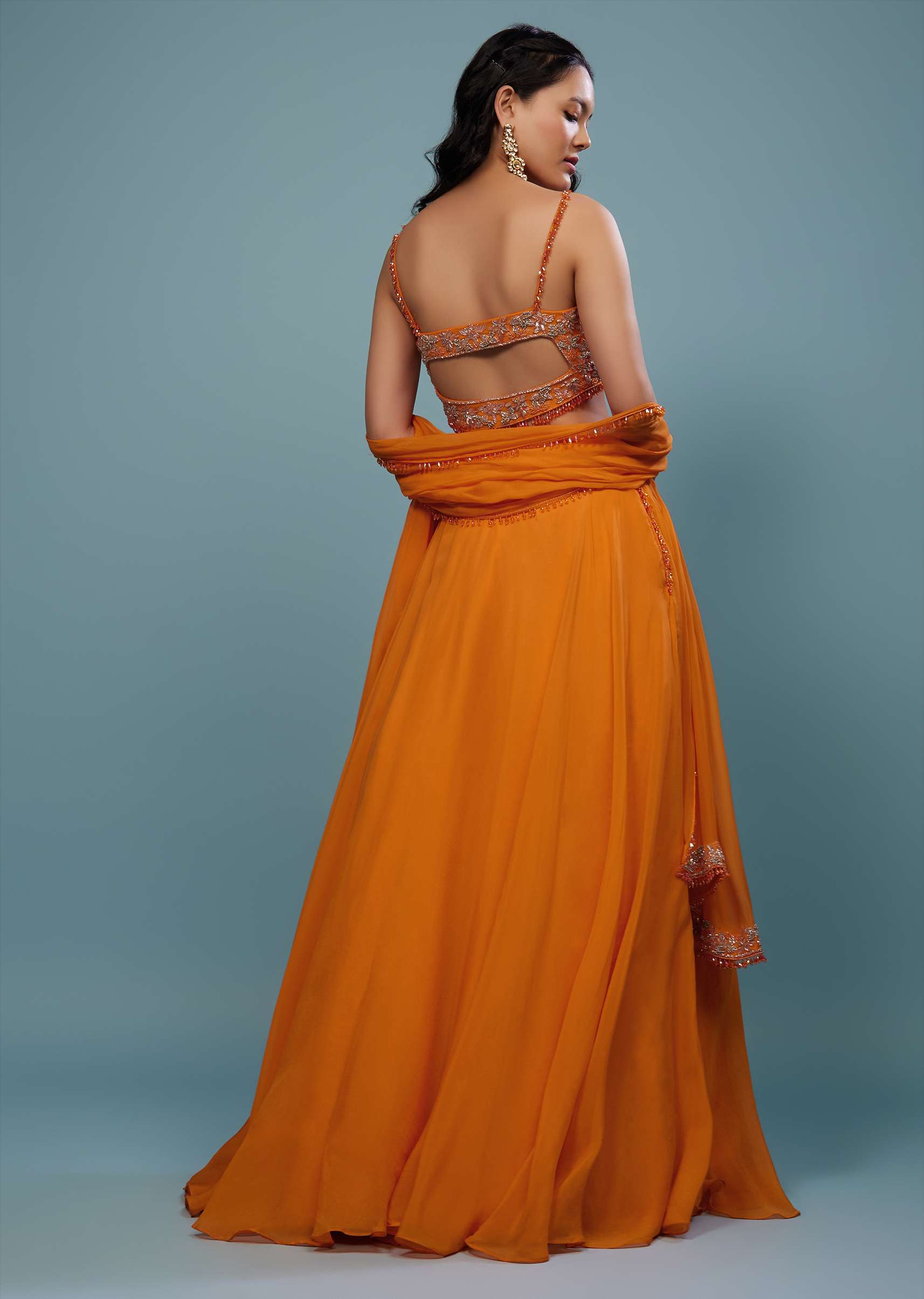 Carrot Orange Embroidered Lehenga Set In Organza - Image 5