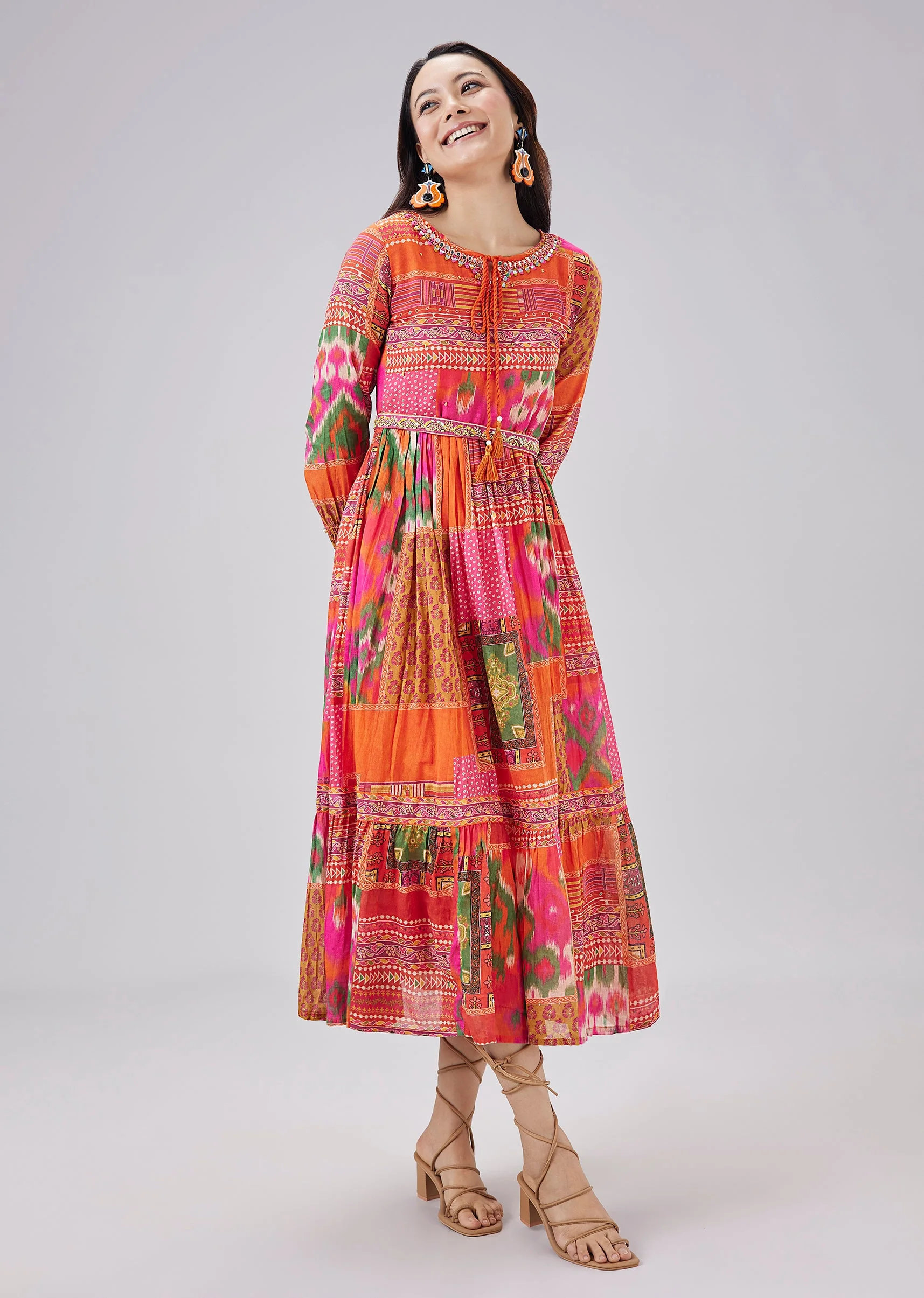 Orange Printed Cotton Dress With Belt - Image 3