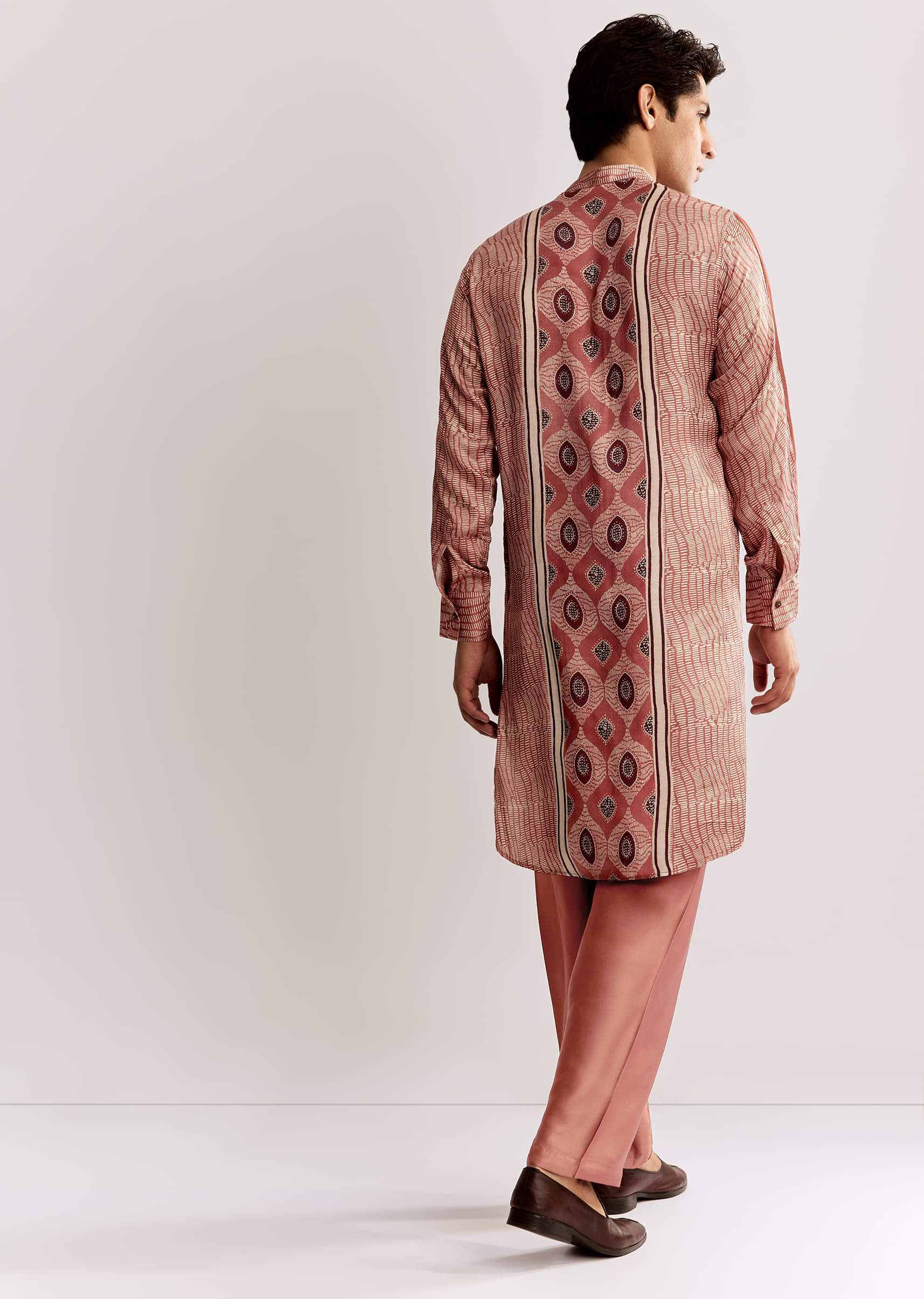 Orange Silk Kurta Set With Ajrakh Print - Image 5