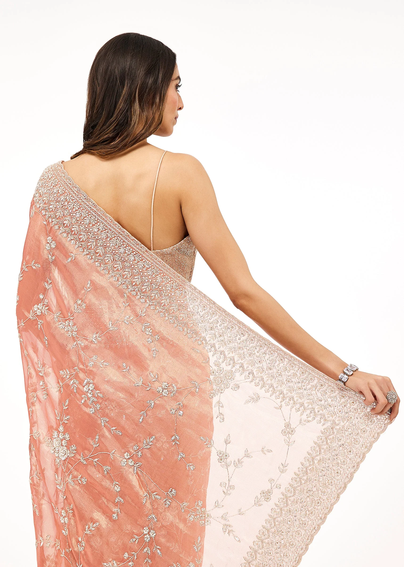 Orange Tissue Saree With Sequins Jaal Embroidery - Image 6