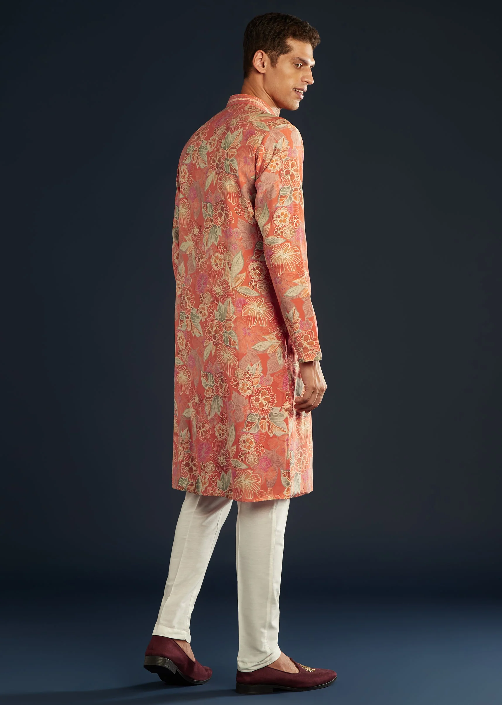 Orange Silk Kurta Set with Floral Prints - Image 5