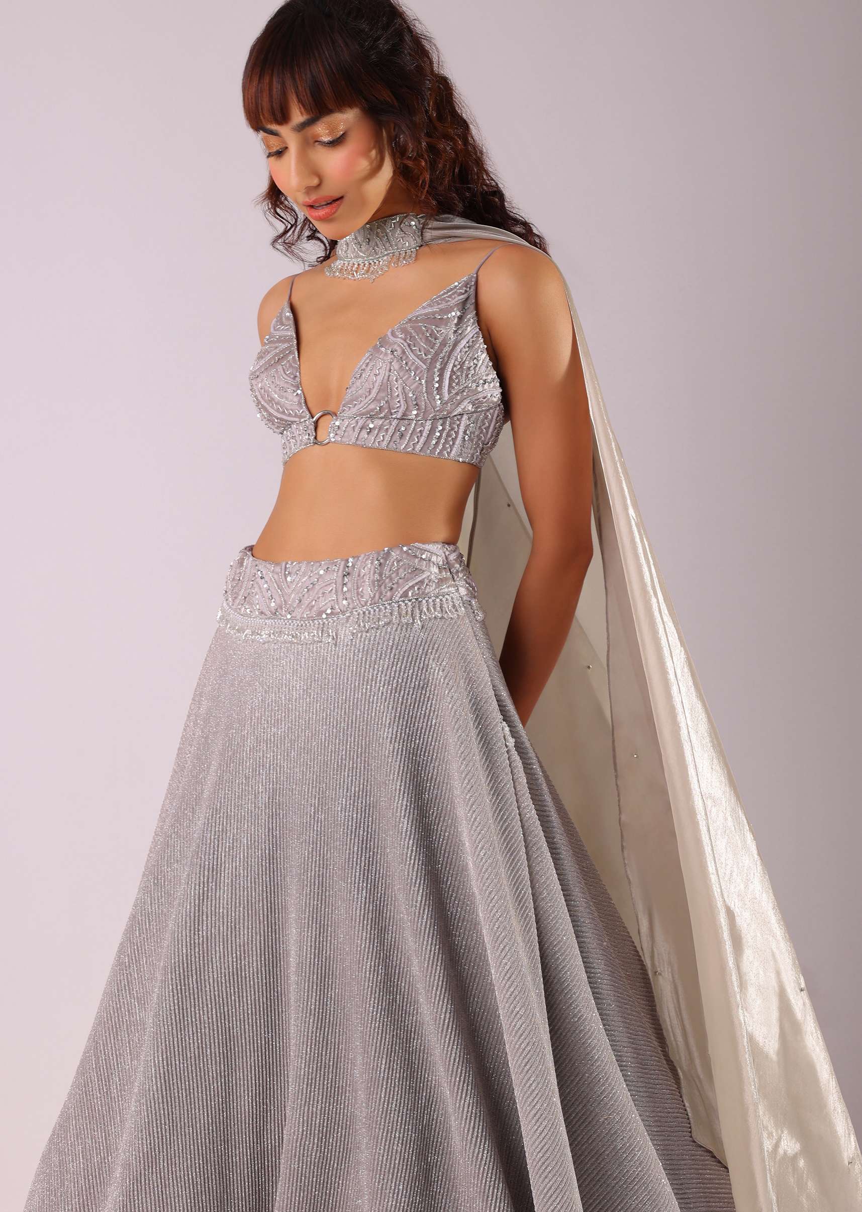 Oyster Grey Embroidered Lehenga Set In Knit With Choker Dupatta - Image 2