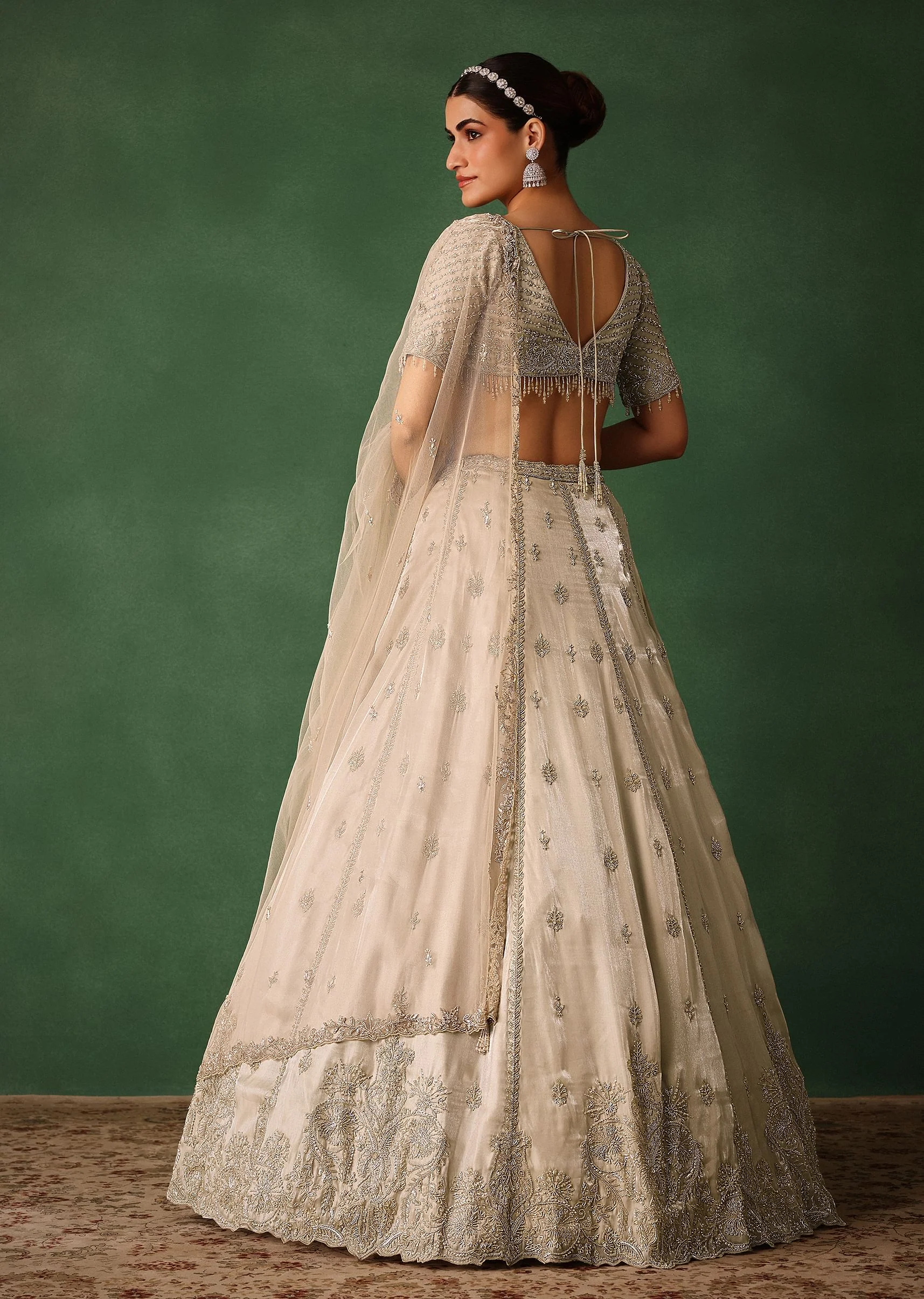 Oyster Hand Embroidered Organza Lehenga Set With Cutdana Work - Image 7
