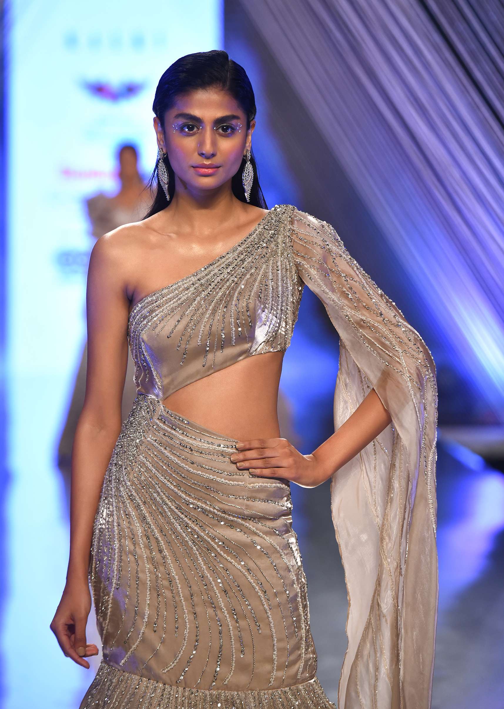 Oyster Mermaid Gown In One Shoulder With Sequins Embroidery, Crafted In Satin With A Long Cape - Image 3