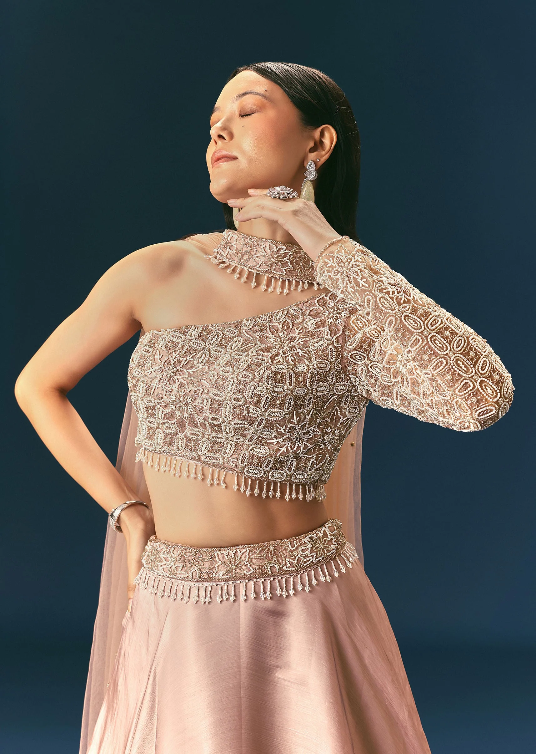 Oyster Organza Embroidered Lehenga Set With Dupatta - Image 2