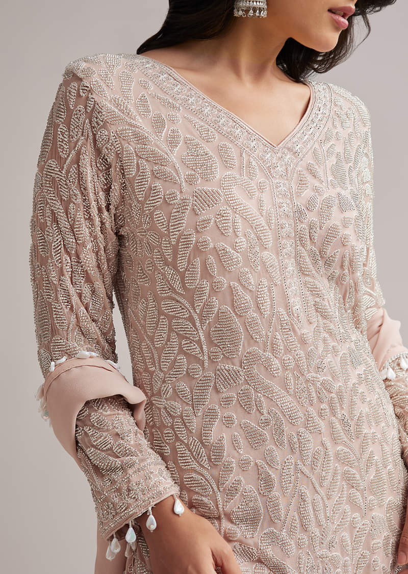 Pale Pink Beaded Kurti Pant Set With Dupatta - Image 2