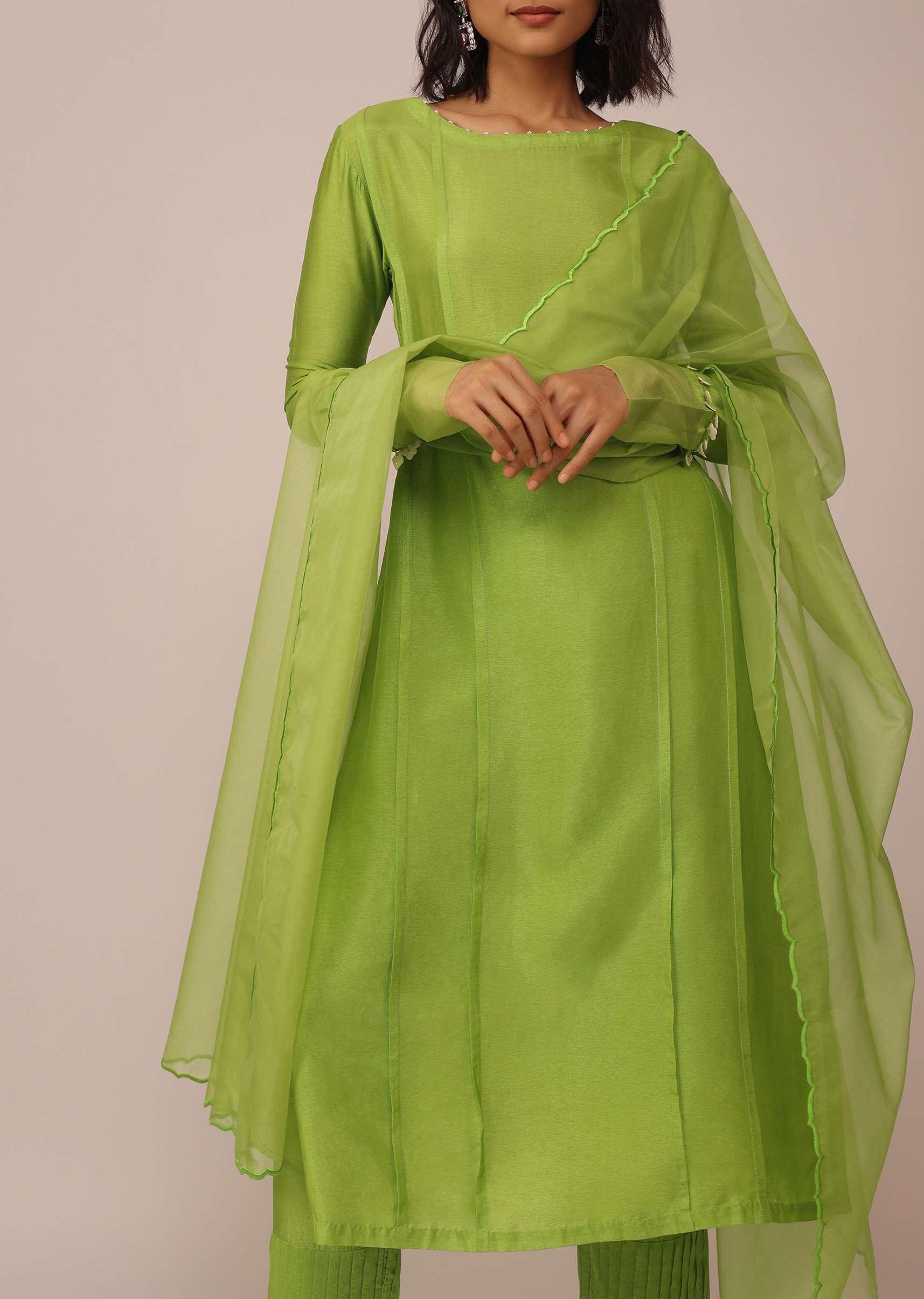 Parrot Green Suit Set In Art Silk With Tassels On The Sleeves - Image 5