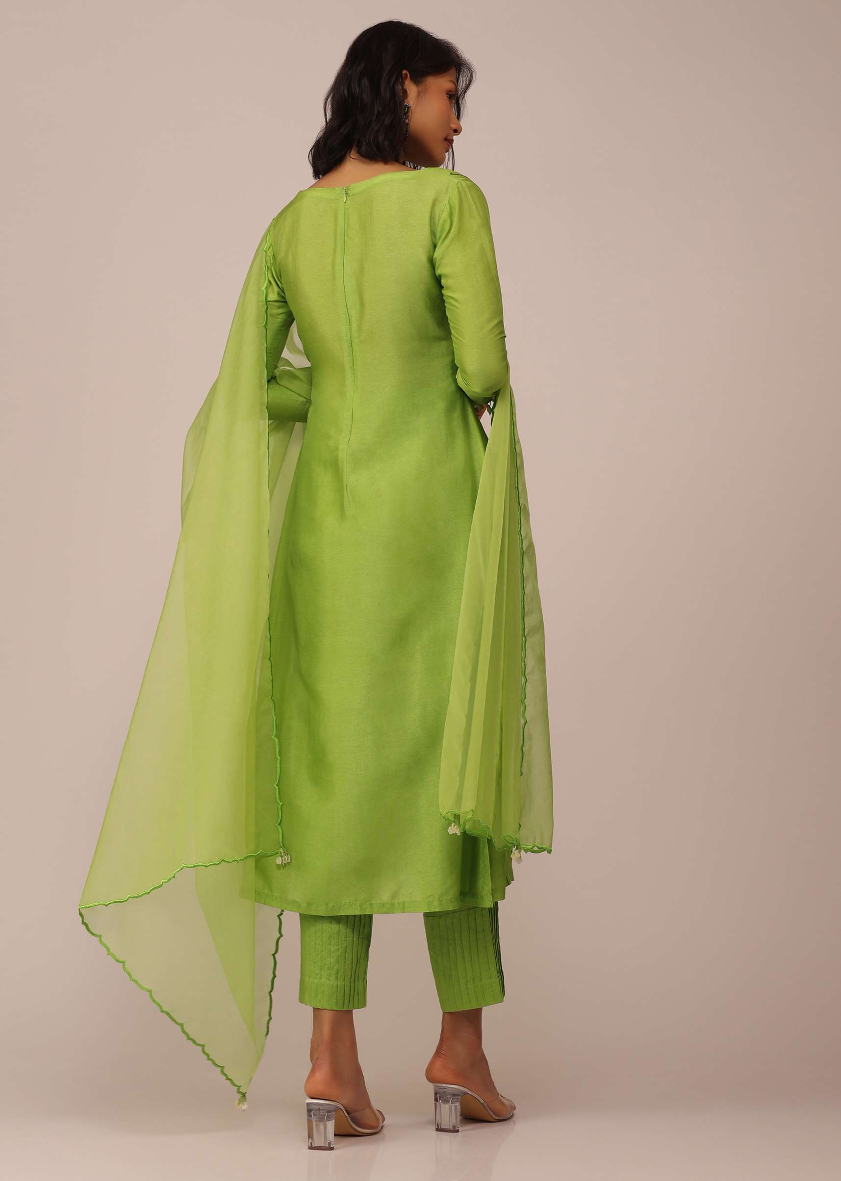 Parrot Green Suit Set In Art Silk With Tassels On The Sleeves - Image 6
