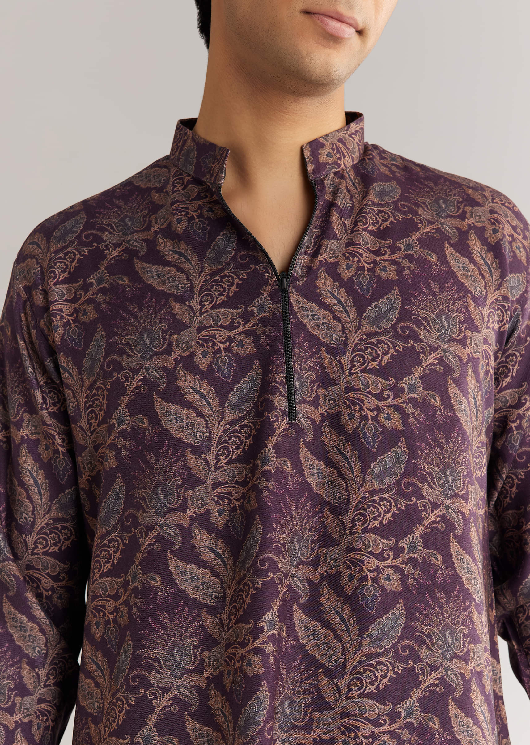 Pashmina Zipper Kurta Pant Set In Purple - Image 3