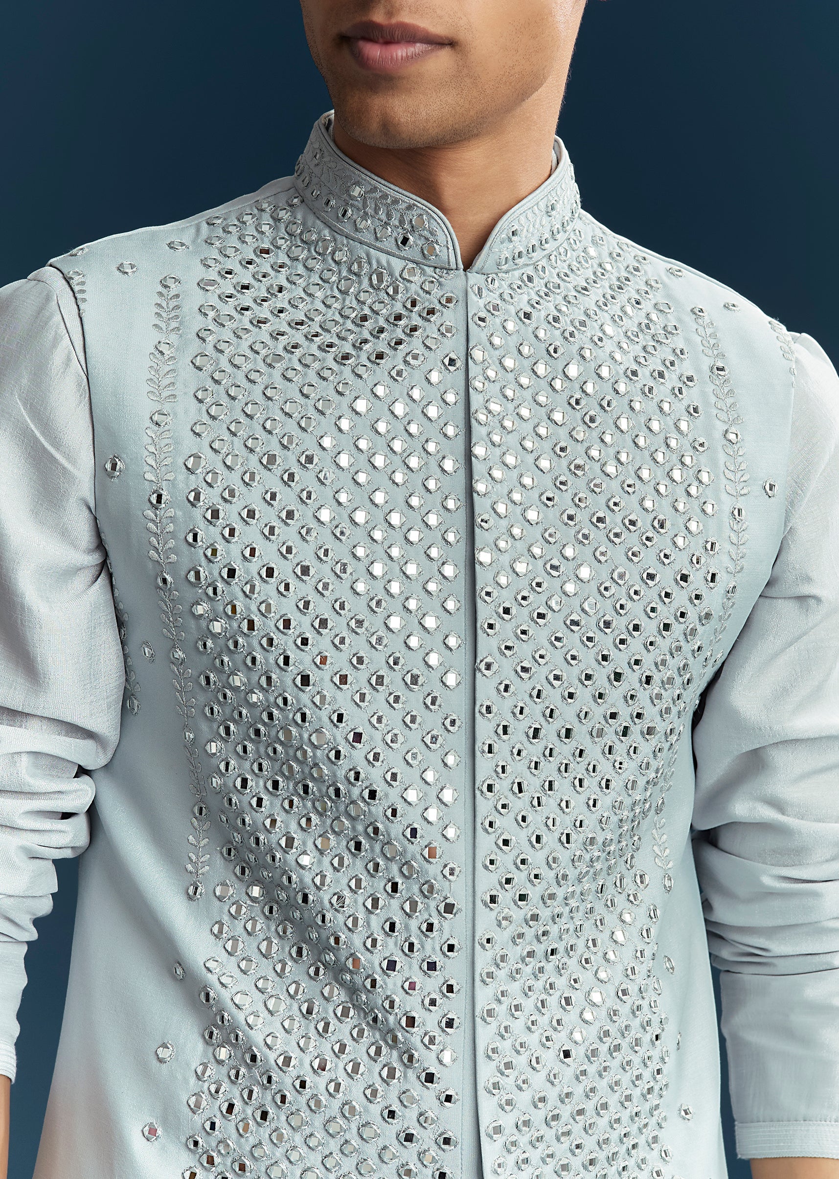 Pastel Blue Silk Kurta Jacket Set With Thread And Mirror Work - Image 2