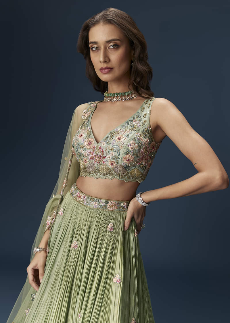 Pastel Green Bridesmaid Lehenga With Embroidered Dupatta - Image 4