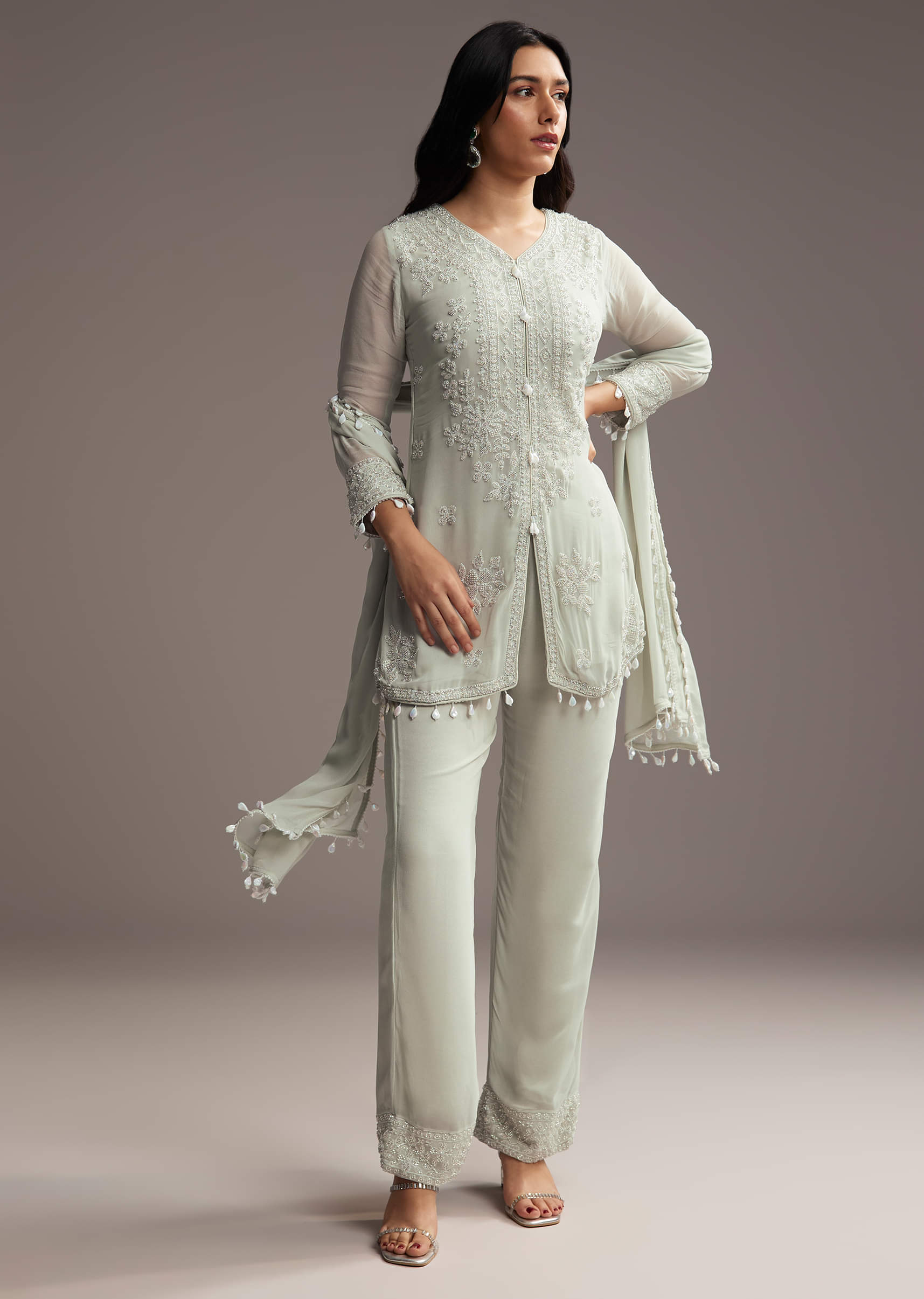 Pastel Green Georgette Kurta Set With Bead Embroidery - Image 3