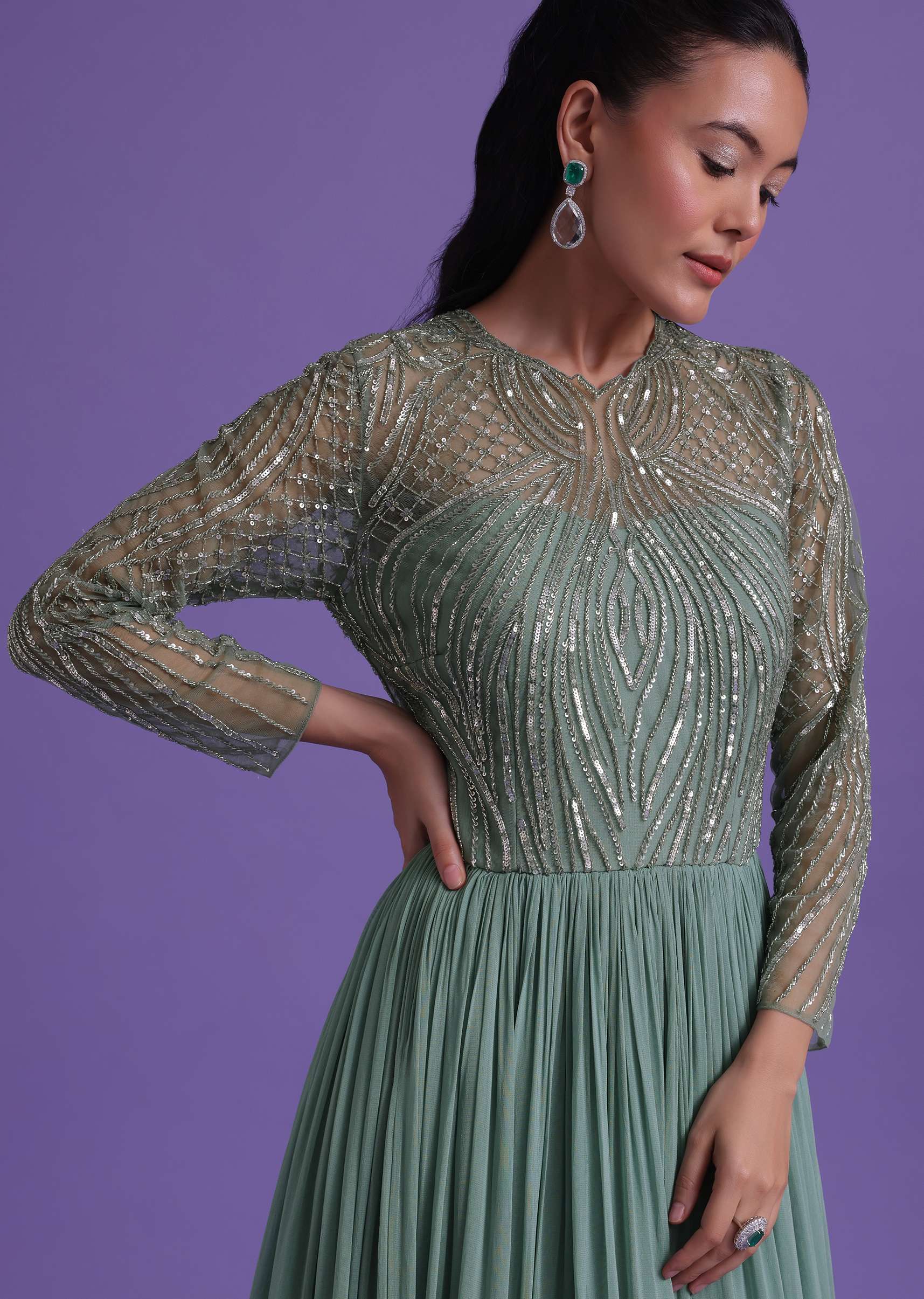 Pastel Green Gown In Georgette With Cut Dana Embroidery - Image 7