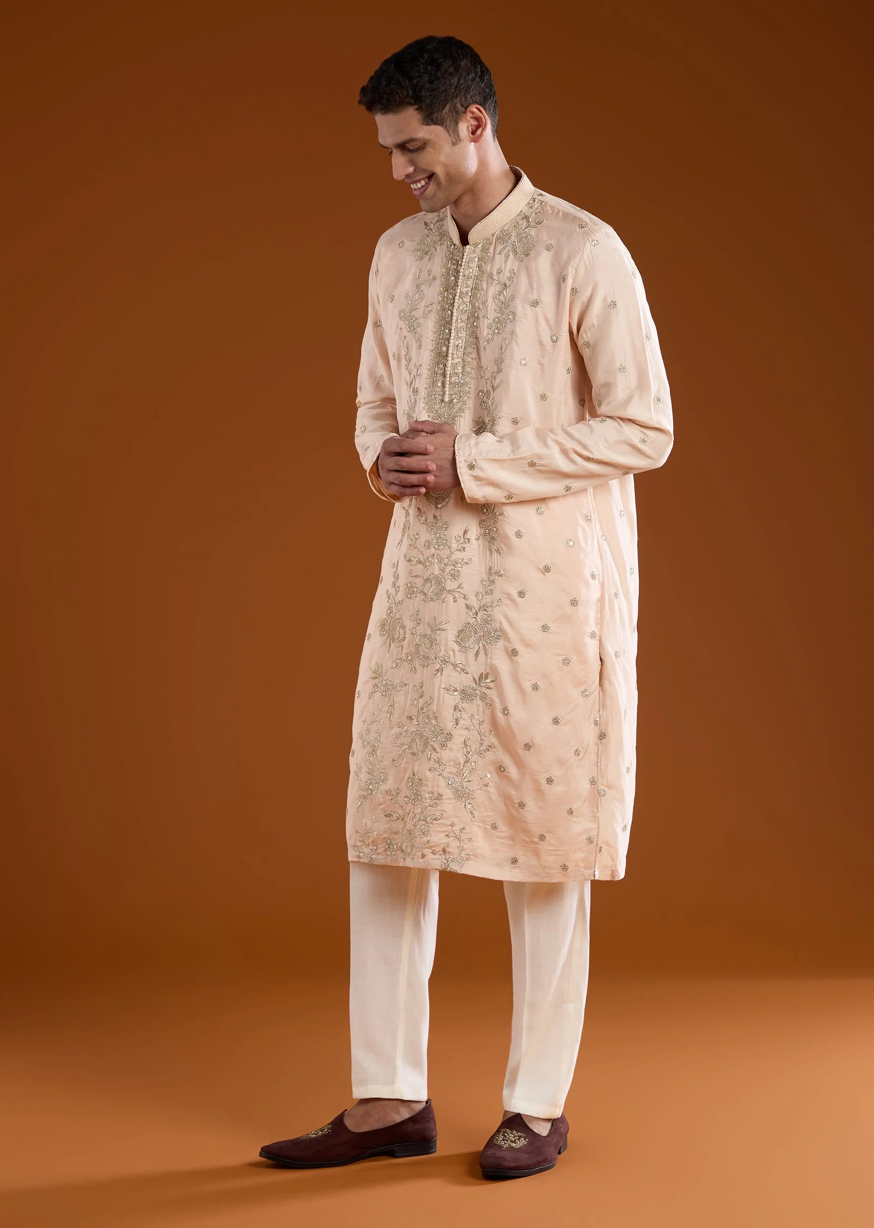 Peach All Over Hand Embroidered Rawsilk Kurta Pant Set - Image 3