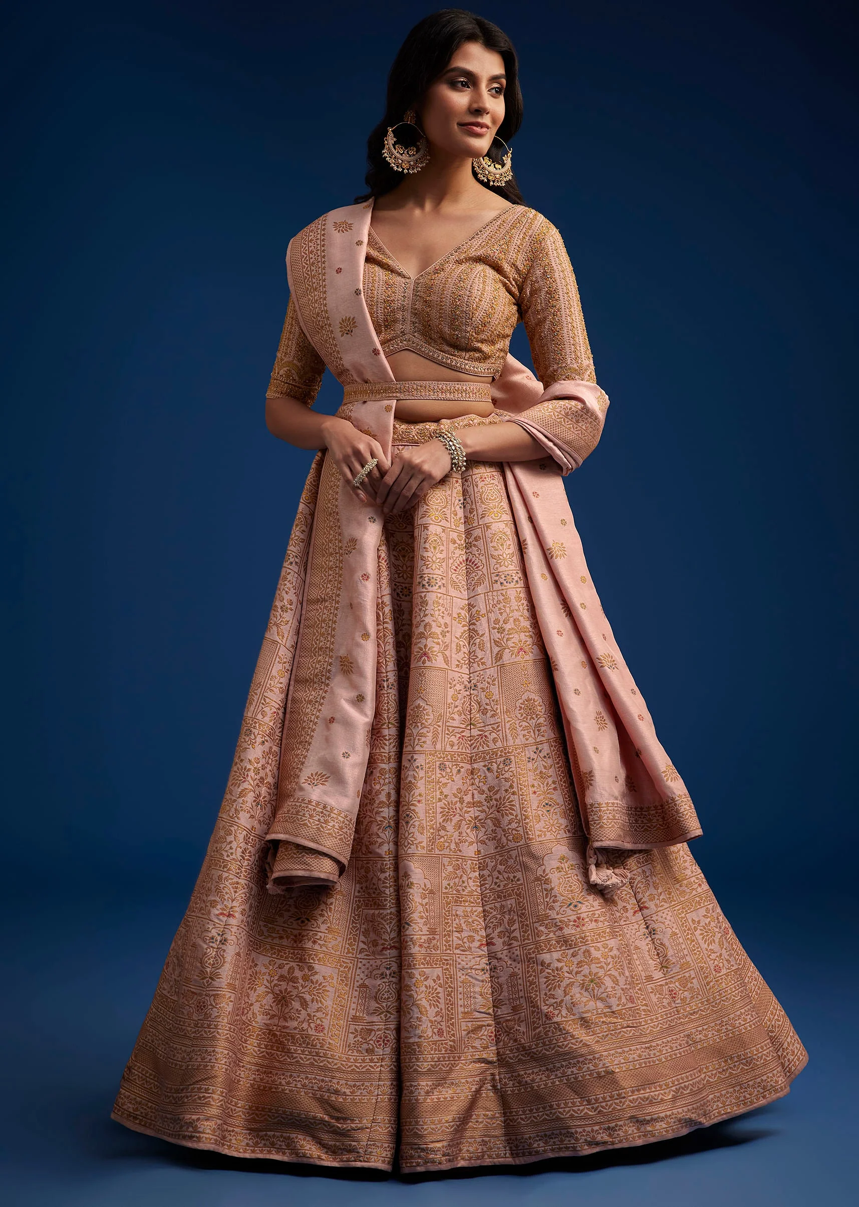 Peach Brocade Lehenga Set With Zari And Resham Work - Image 3