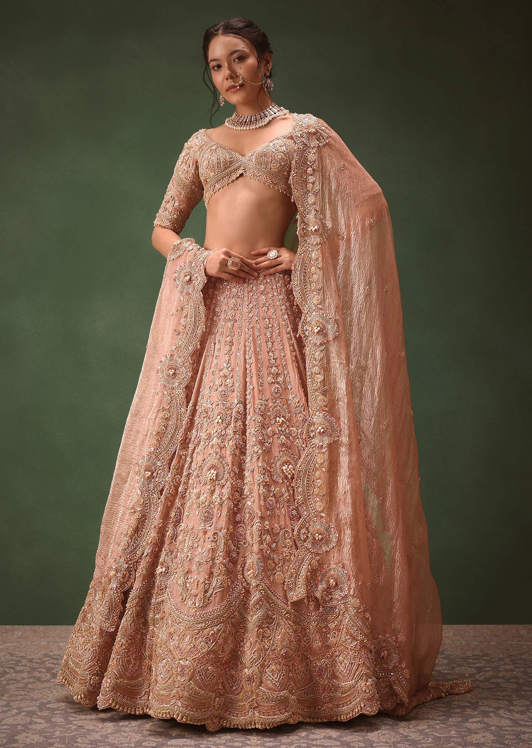 Peach Chanderi Brocade Embroidered Bridal Lehenga With Two Dupattas - Image 2
