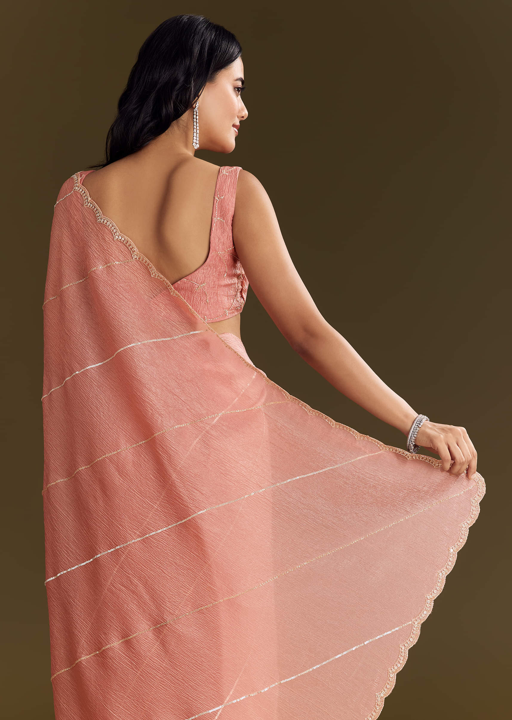 Peach Crush Tissue Saree With Cutdana And Beads Scallop Border - Image 6