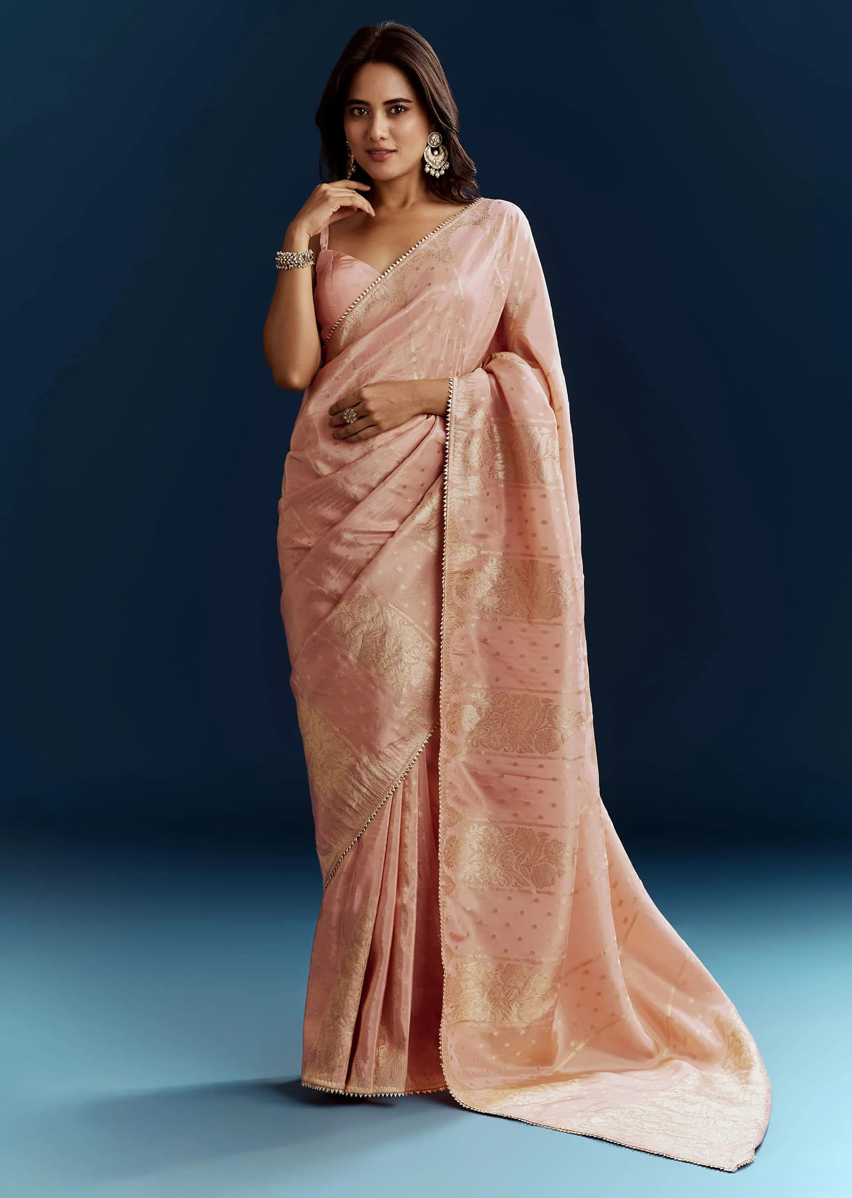 Peach Dola Silk Brocade Saree With Gota Patti And Moti Embroidery - Image 4