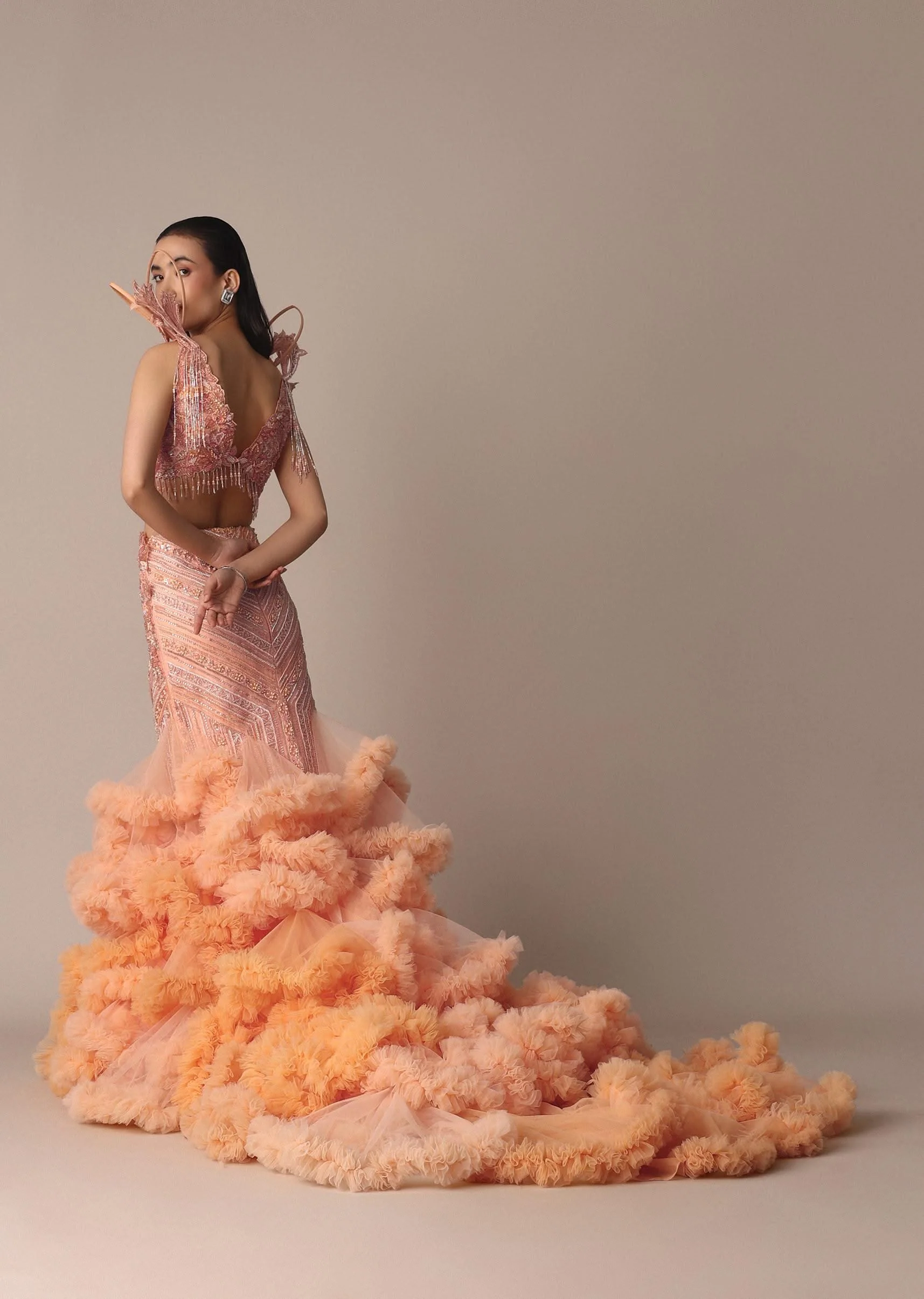 Peach Organza Cutdana Trail Lehenga With Feather Sleeve Blouse - Image 3