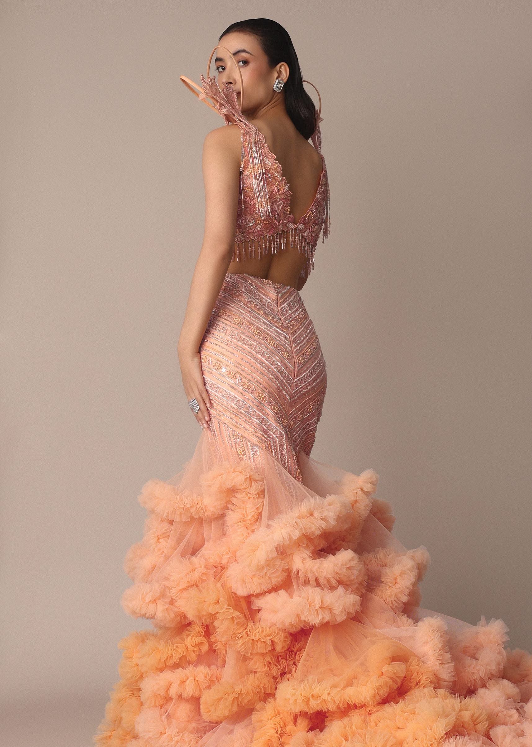 Peach Organza Cutdana Trail Lehenga With Feather Sleeve Blouse - Image 5