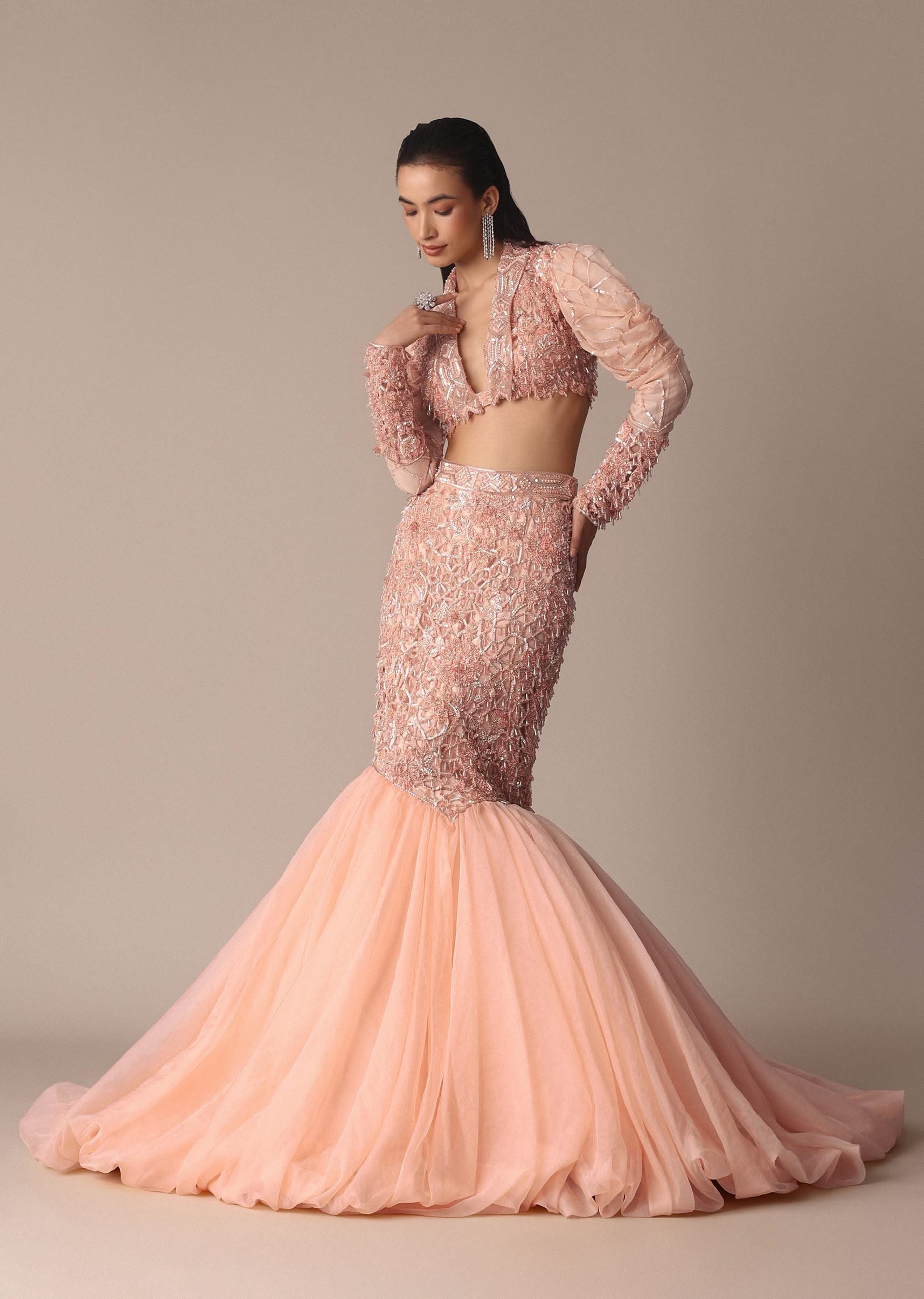 Peach Zardosi Fishcut Skirt With Embroidered Short Sleeve Jacket - Image 4
