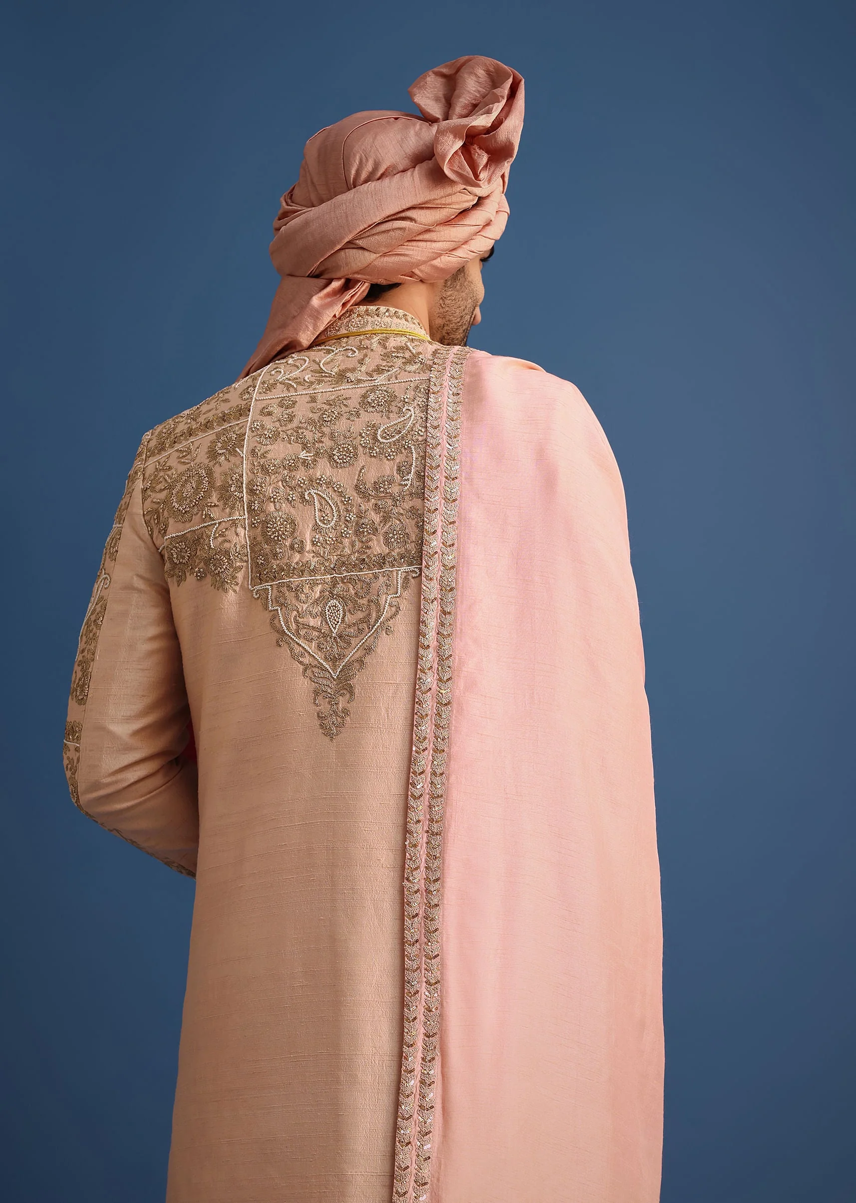 Peach Embroidered Silk Sherwani Suit - Image 4