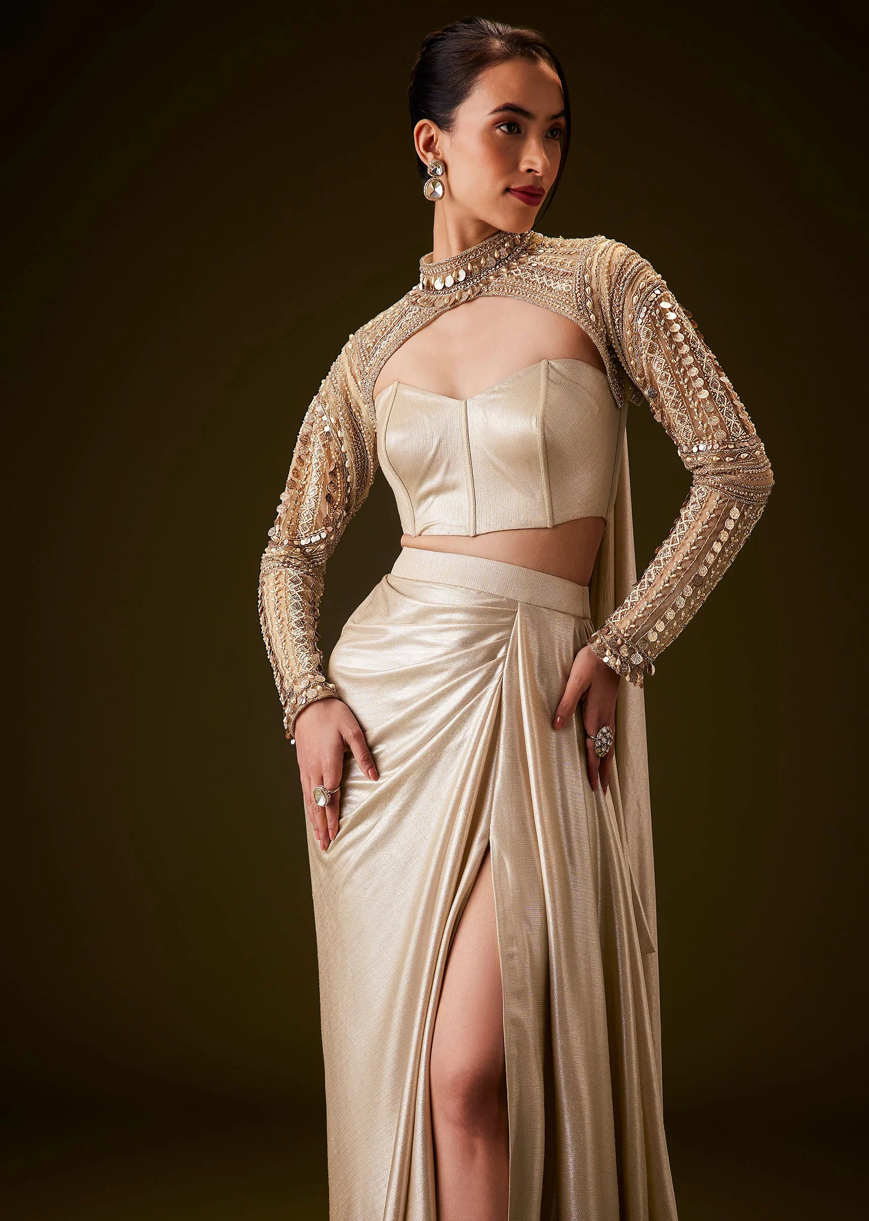 Peach Hand Embroidered Skirt Set With Cape - Image 4
