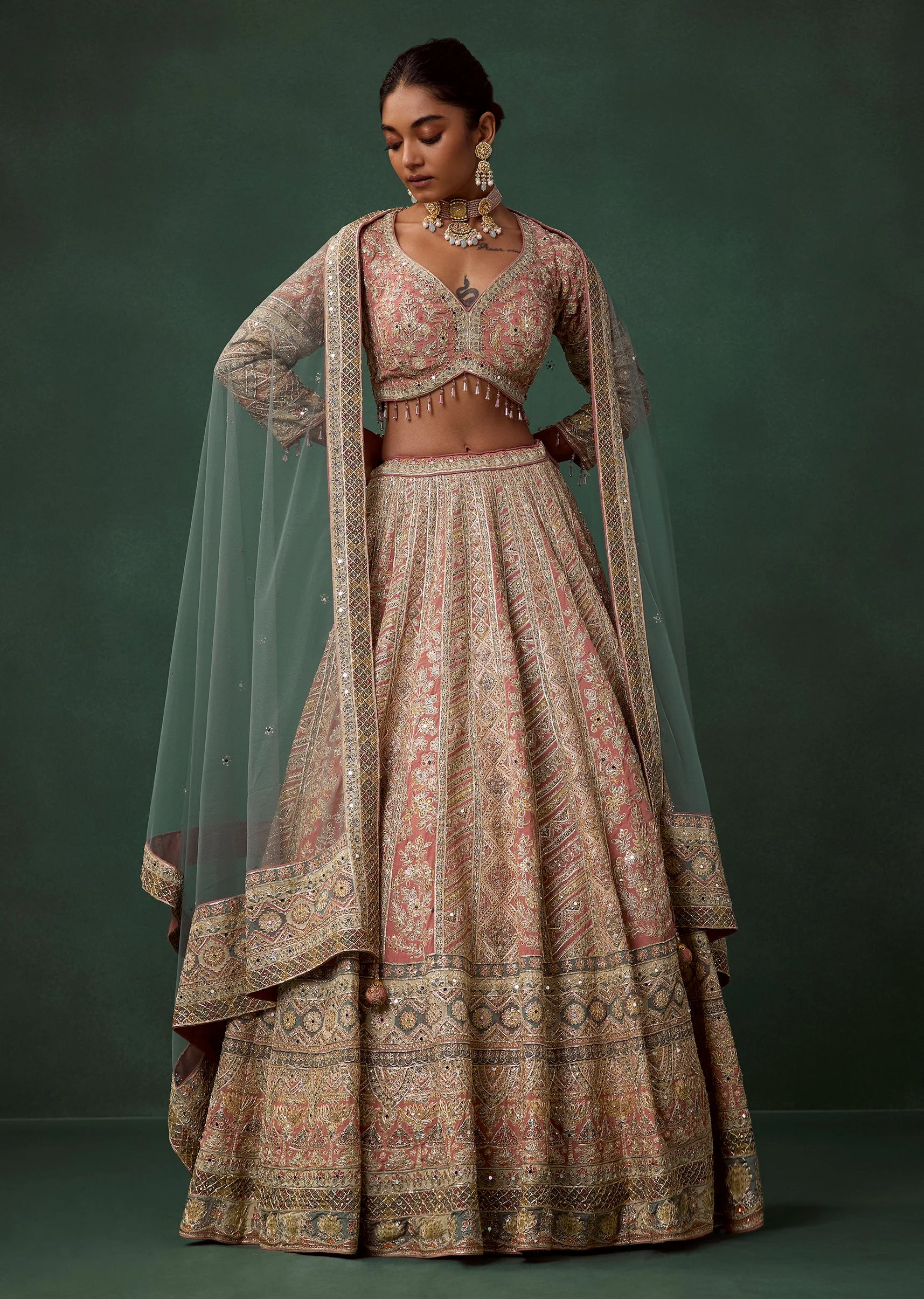 Peach Kali Bridal Lehenga Set with Cutdana Work