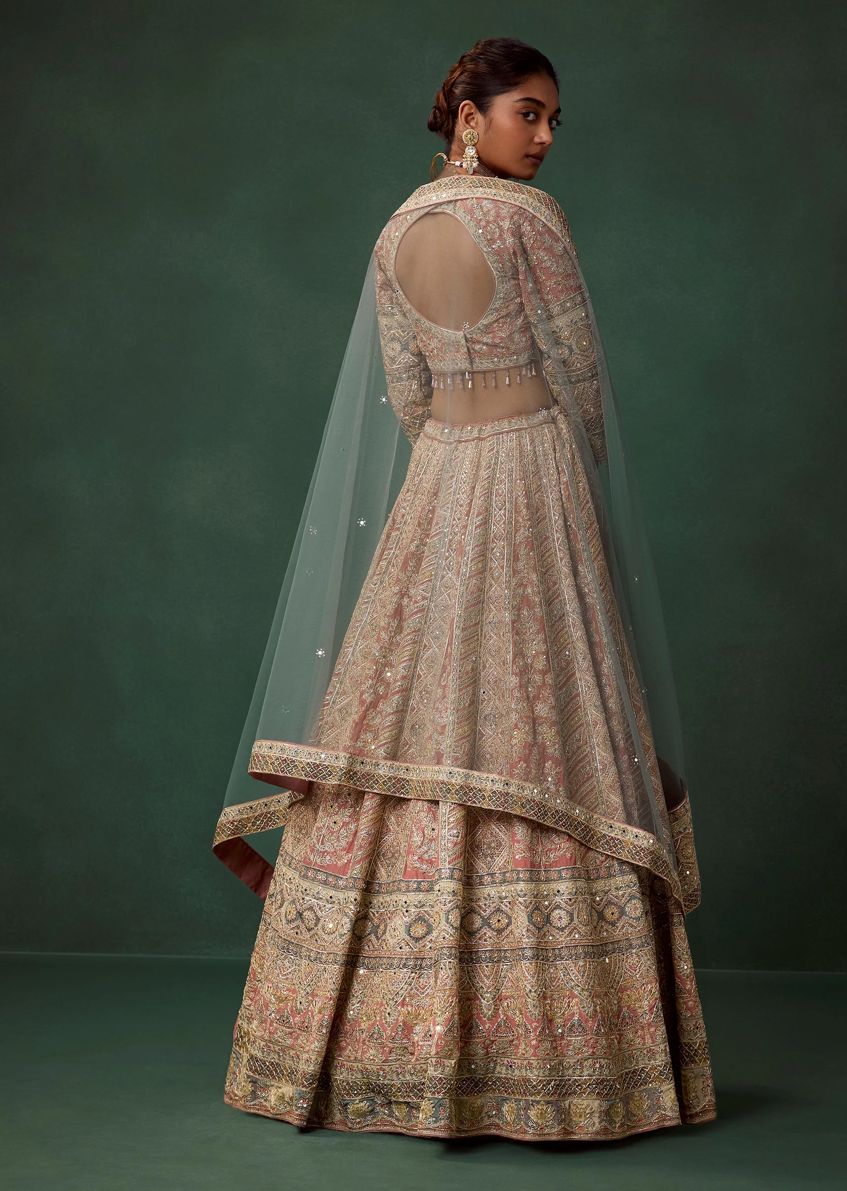 Peach Kali Bridal Lehenga Set with Cutdana Work - Image 2